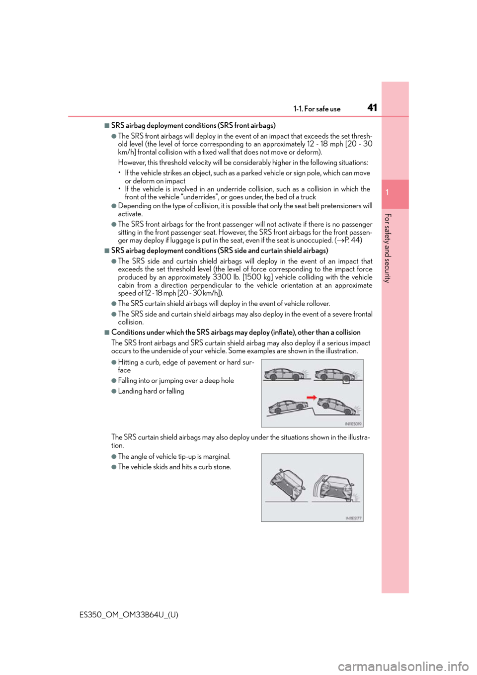 Lexus ES350 2016  Owners Manuals /  LEXUS 2016 ES350  (OM33B64U) Service Manual 411-1. For safe use
ES350_OM_OM33B64U_(U)
1
For safety and security
■SRS airbag deployment conditions (SRS front airbags)
●The SRS front airbags will deploy  in the event of an impact that exceeds