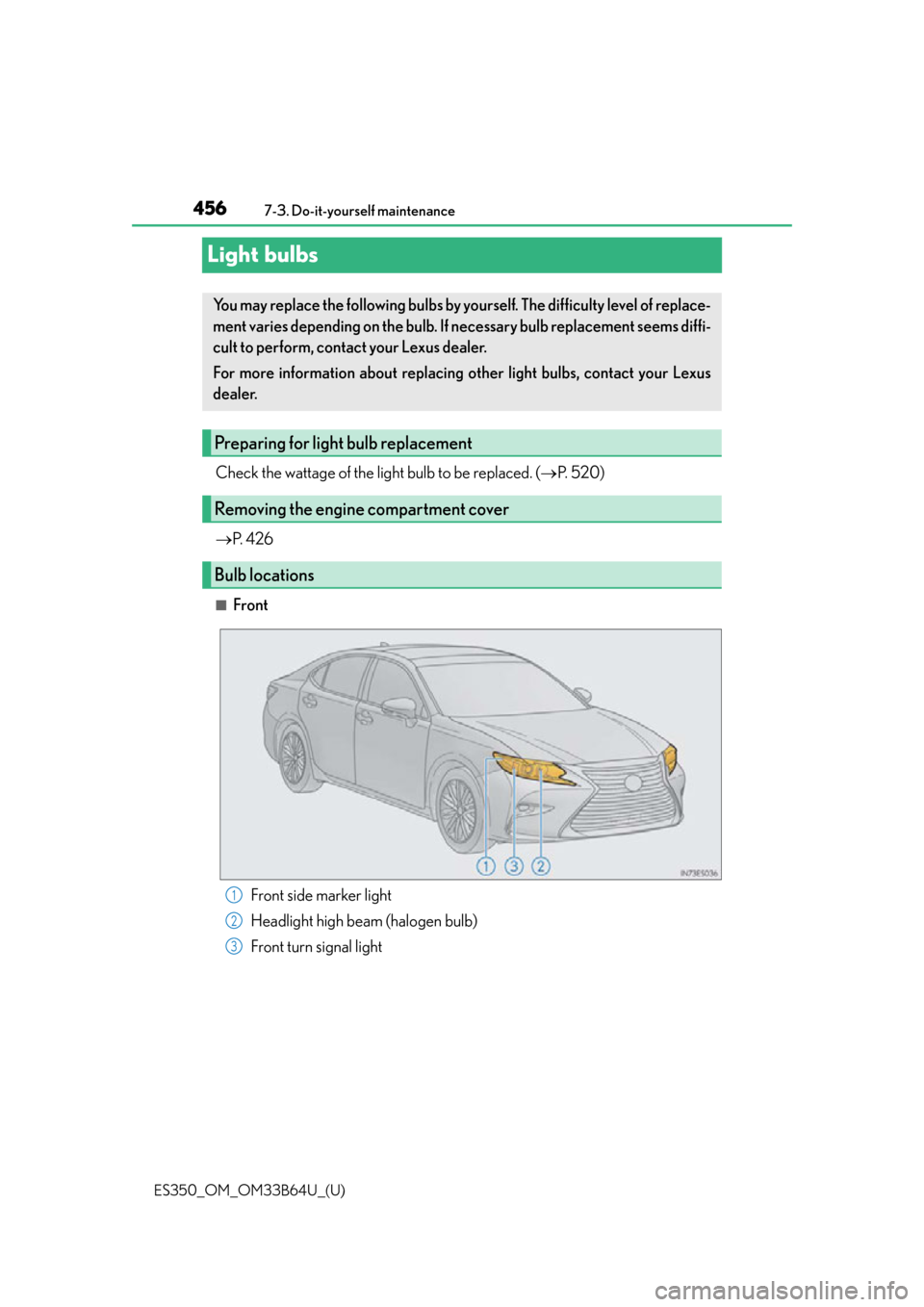 Lexus ES350 2016  Owners Manuals /  LEXUS 2016 ES350 OWNERS MANUAL (OM33B64U) 456
ES350_OM_OM33B64U_(U)7-3. Do-it-yourself maintenance
Light bulbs
Check the wattage of the light bulb to be replaced. (
P.  5 2 0 )
 P.  4 2 6
■Front
Front side marker light
Headlight high 