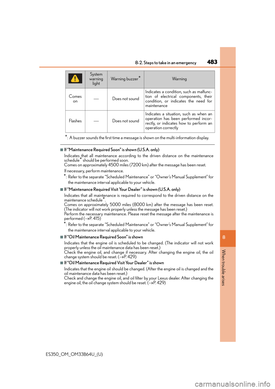 Lexus ES350 2016  Owners Manuals /  LEXUS 2016 ES350 OWNERS MANUAL (OM33B64U) 4838-2. Steps to take in an emergency
ES350_OM_OM33B64U_(U)
8
When trouble arises
*: A buzzer sounds the first time a message is shown on the multi-information display.
■If “Maintenance Required S