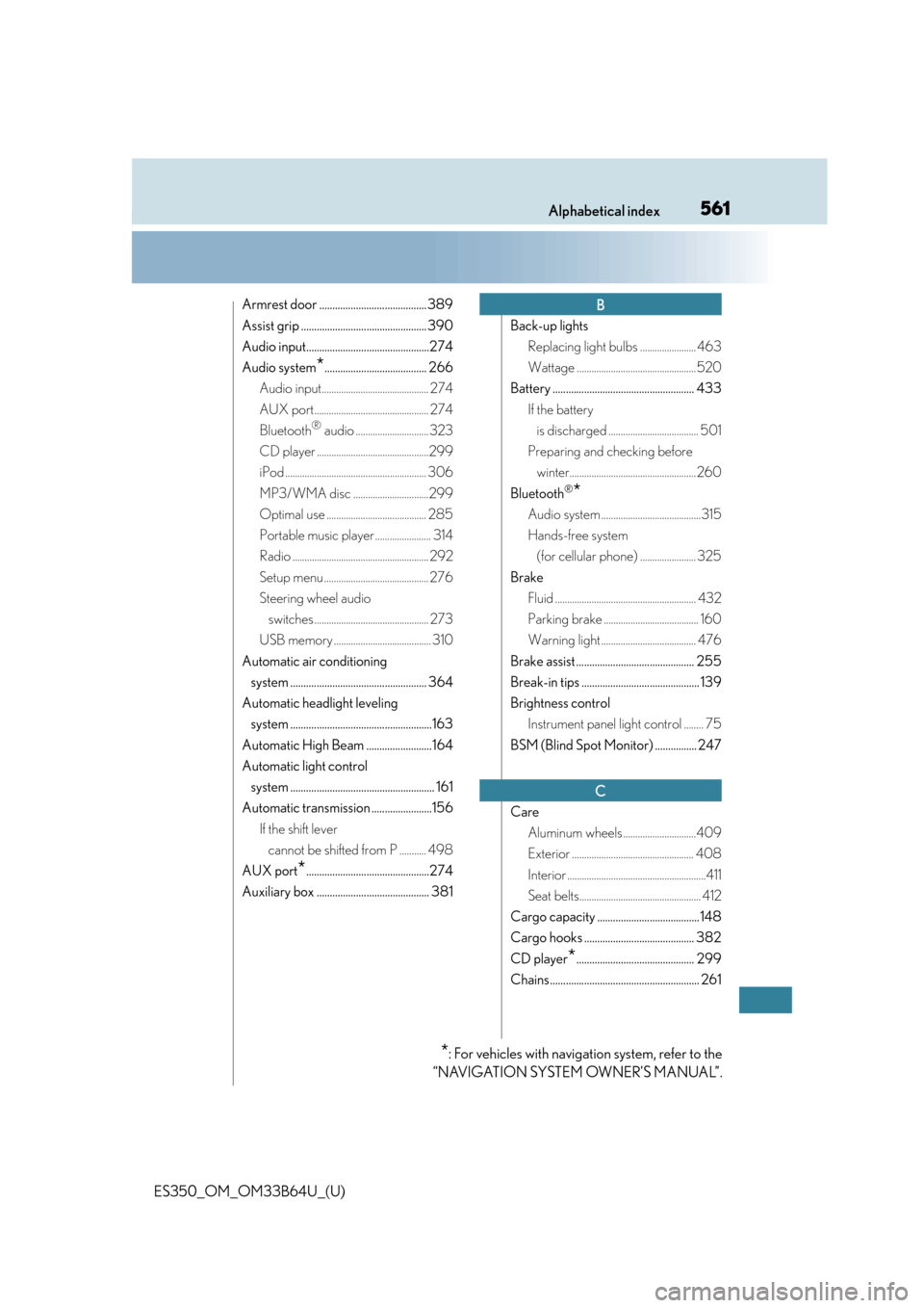 Lexus ES350 2016  Owners Manuals /  LEXUS 2016 ES350 OWNERS MANUAL (OM33B64U) 561Alphabetical index
ES350_OM_OM33B64U_(U)
Armrest door ......................................... 389
Assist grip ................................................ 390
Audio input.....................