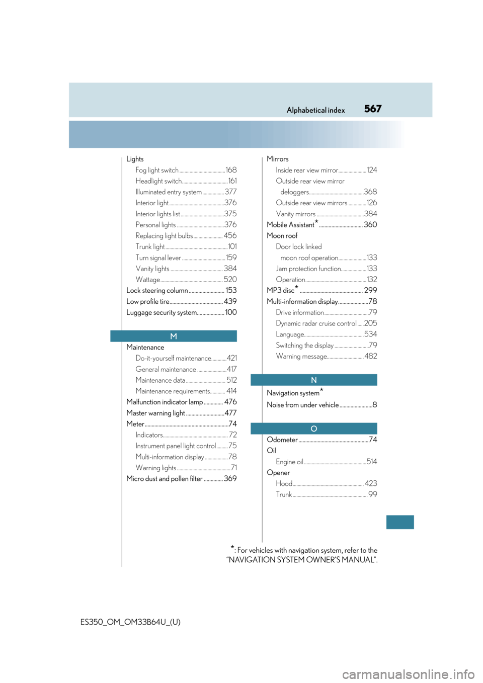 Lexus ES350 2016  Owners Manuals /  LEXUS 2016 ES350 OWNERS MANUAL (OM33B64U) 567Alphabetical index
ES350_OM_OM33B64U_(U)
LightsFog light switch .................................... 168
Headlight switch.................................... 161
Illuminated entry system ..........