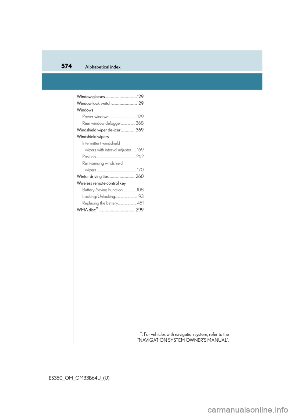 Lexus ES350 2016  Owners Manuals /  LEXUS 2016 ES350 OWNERS MANUAL (OM33B64U) 574Alphabetical index
ES350_OM_OM33B64U_(U)
Window glasses ......................................129
Window lock switch ..............................129
WindowsPower windows .........................