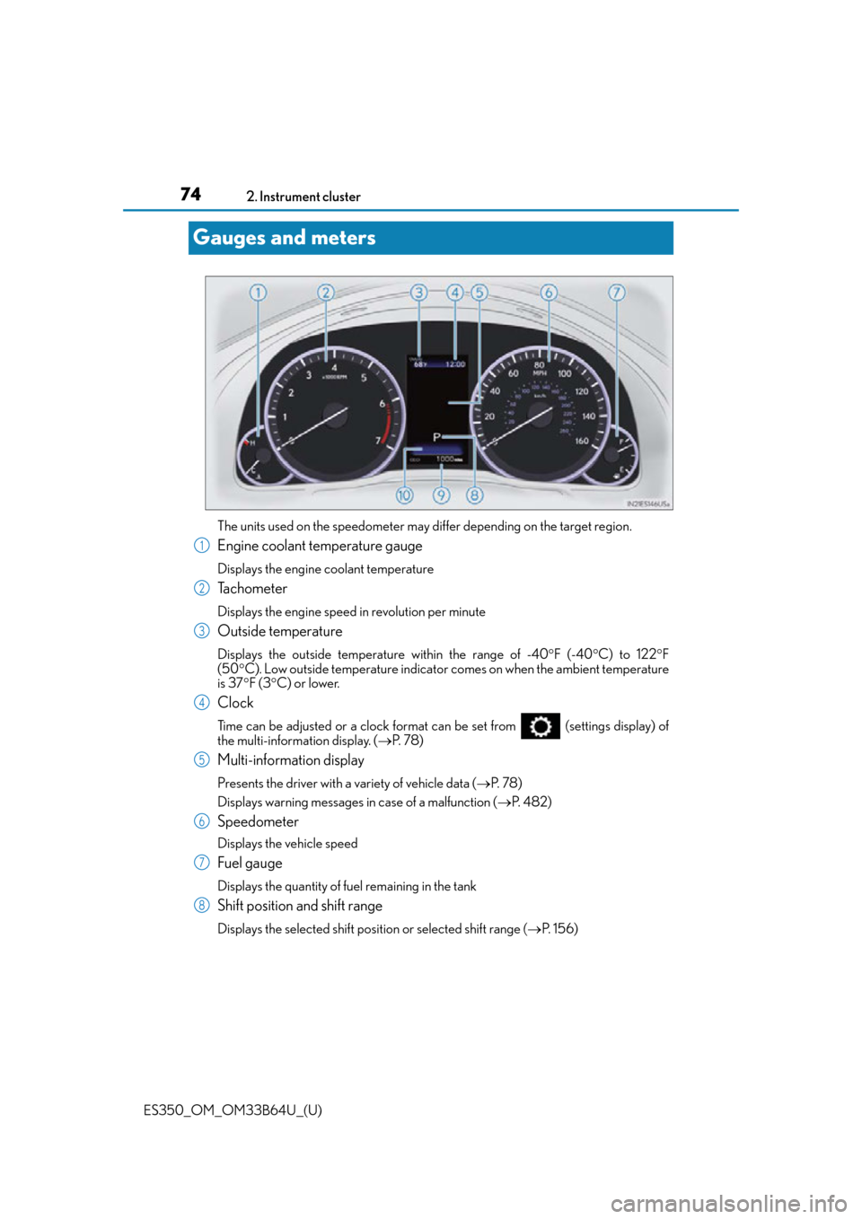 Lexus ES350 2016  Owners Manuals / 74
ES350_OM_OM33B64U_(U)2. Instrument cluster
Gauges and meters
The units used on the speedometer may differ depending on the target region.
Engine coolant temperature gauge 
Displays the engine coola