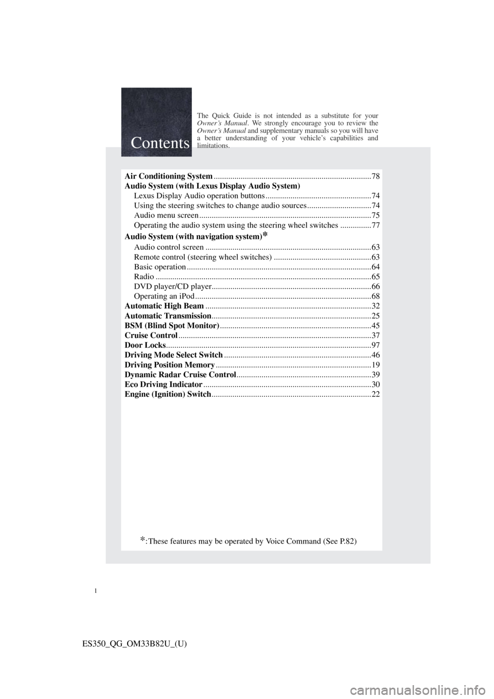 Lexus ES350 2016 Owners Mannuals / LEXUS 2016 ES350 OWNERS MANUAL QUICK GUIDE (OM33B82U) 1
ES350_QG_OM33B82U_(U)
The Quick Guide is not intended as a substitute for your
Owner’s Manual . We strongly encourag e you to review the
Owner’s Manual and supplementary manuals so you will hav Lexus ES350 2016 Owners Mannuals / LEXUS 2016 ES350 OWNERS MANUAL QUICK GUIDE (OM33B82U) 1
ES350_QG_OM33B82U_(U)
The Quick Guide is not intended as a substitute for your
Owner’s Manual . We strongly encourag e you to review the
Owner’s Manual and supplementary manuals so you will hav