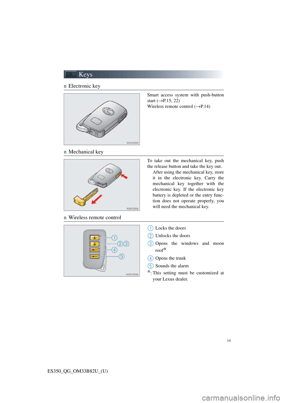 Lexus ES350 2016  Owners Mannuals / LEXUS 2016 ES350 OWNERS MANUAL QUICK GUIDE (OM33B82U) 14
ES350_QG_OM33B82U_(U)
Keys
nElectronic key
Smart access system with push-button
start ( →P.15, 22)
Wireless remote control ( →P.14)
nMechanical key
To take out the mechanical key, push
the rele
