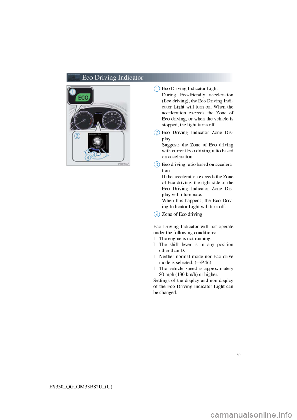 Lexus ES350 2016  Owners Mannuals / LEXUS 2016 ES350 OWNERS MANUAL QUICK GUIDE (OM33B82U) 30
ES350_QG_OM33B82U_(U)
Eco Driving Indicator
Eco Driving Indicator Light 
During Eco-friendly acceleration
(Eco driving), the Eco Driving Indi-
cator Light will turn on. When the
acceleration exceed