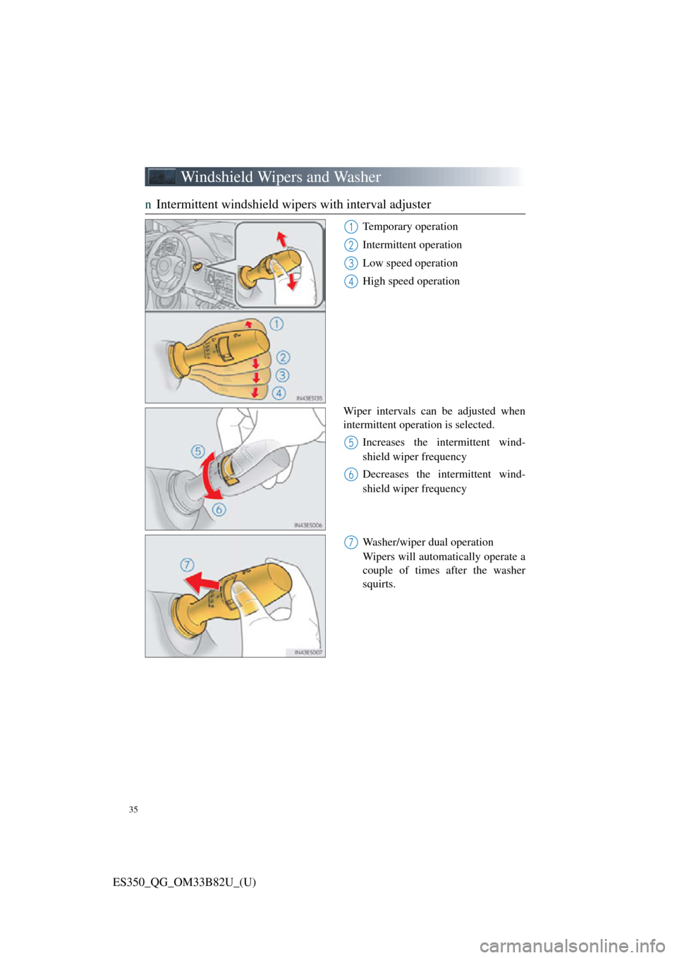 Lexus ES350 2016  Owners Mannuals / LEXUS 2016 ES350  QUICK GUIDE (OM33B82U) Owners Guide 35
ES350_QG_OM33B82U_(U)
Windshield Wipers and Washer
nIntermittent windshield wipers with interval adjuster
Temporary operation
Intermittent operation
Low speed operation
High speed operation
Wiper i