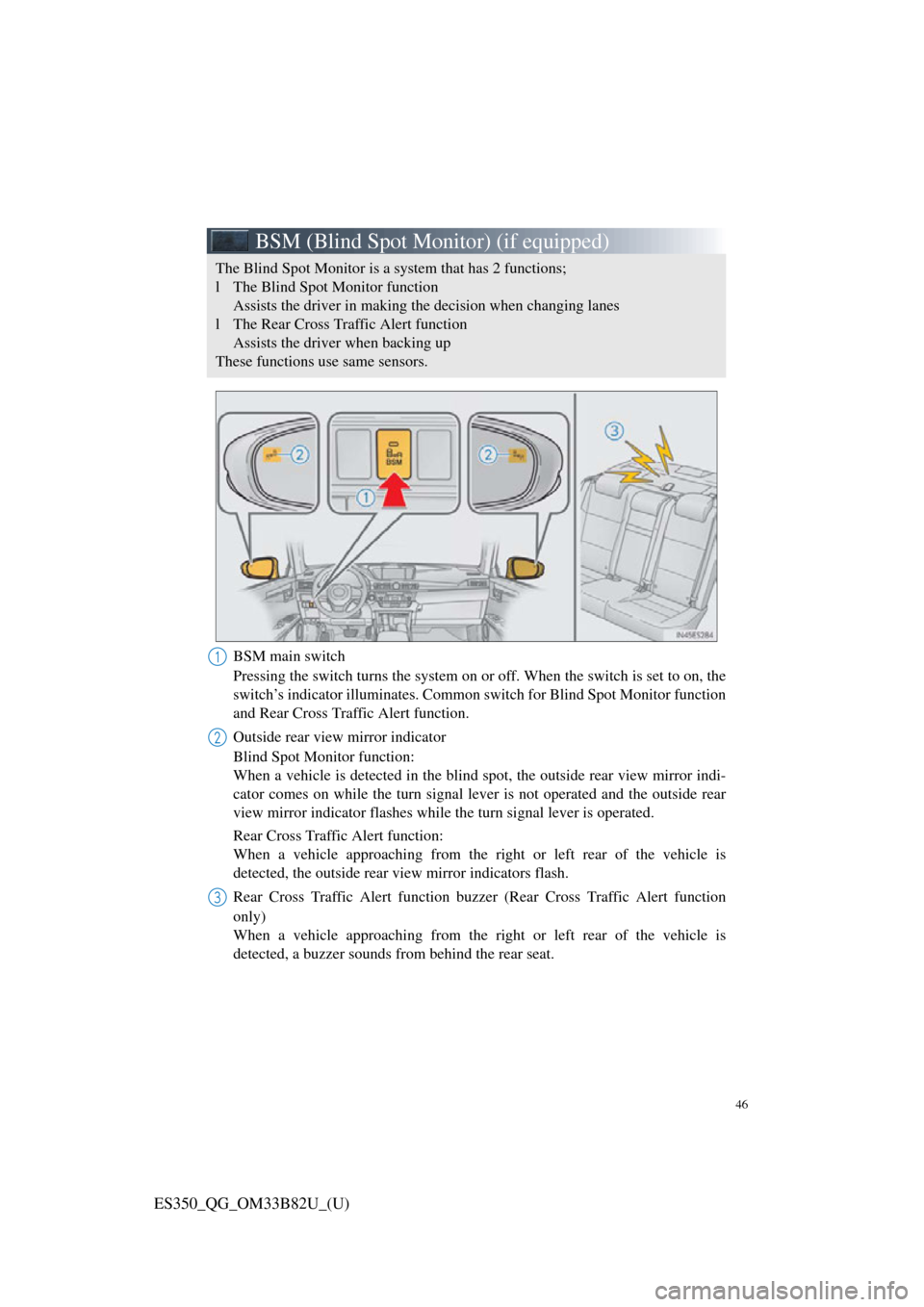 Lexus ES350 2016  Owners Mannuals / LEXUS 2016 ES350 OWNERS MANUAL QUICK GUIDE (OM33B82U) 46
ES350_QG_OM33B82U_(U)
BSM (Blind Spot Monitor) (if equipped)
BSM main switch
Pressing the switch turns the system on or off. When the switch is set to on, the
switch’s indicator illuminates. Comm