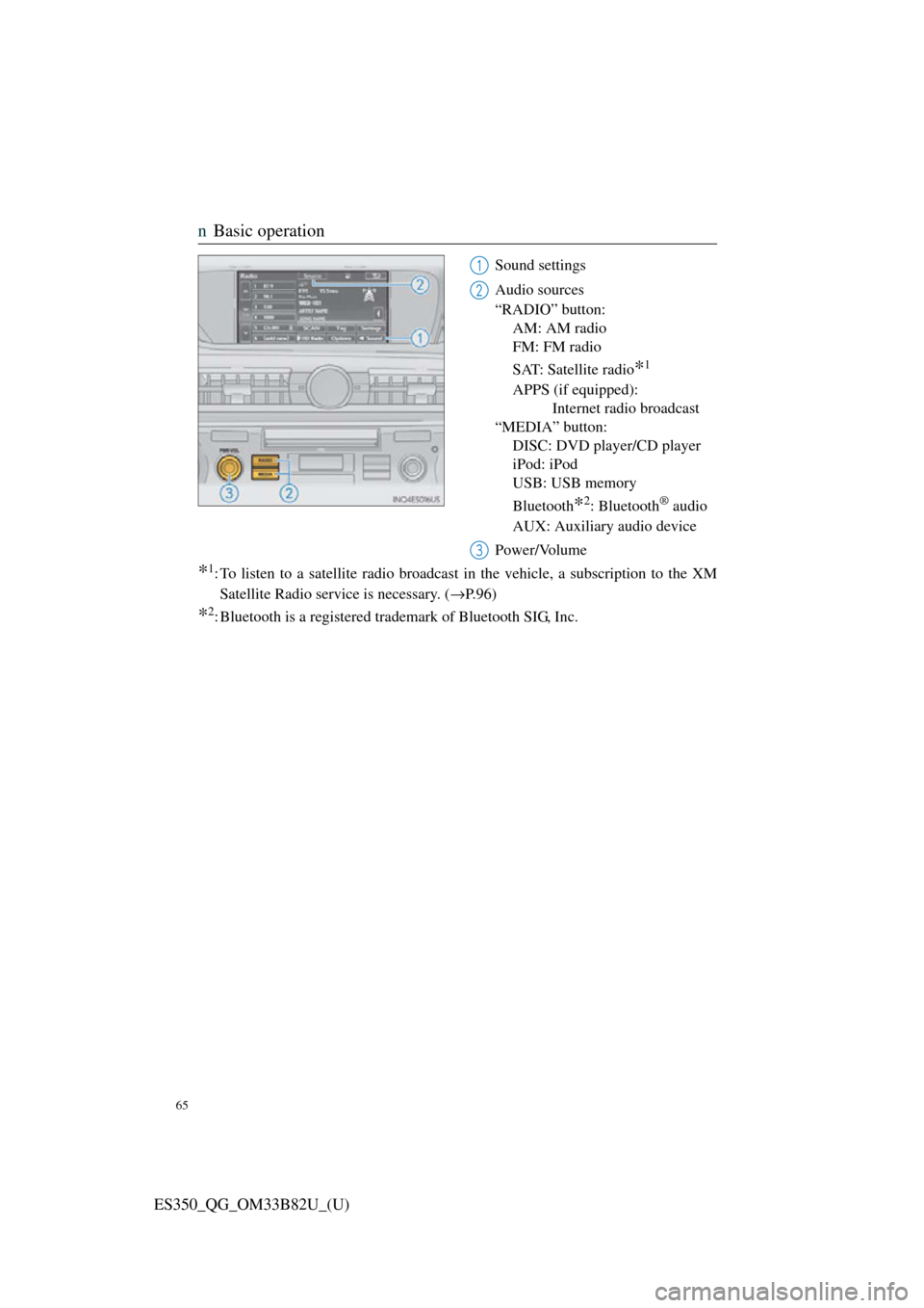 Lexus ES350 2016  Owners Mannuals / LEXUS 2016 ES350  QUICK GUIDE (OM33B82U) Repair Manual 65
ES350_QG_OM33B82U_(U)
nBasic operation
Sound settings
Audio sources
“RADIO” button: 
AM: AM radio
FM: FM radio
SAT: Satellite radio
*1
APPS (if equipped):  Internet radio broadcast
“MEDIA” 
