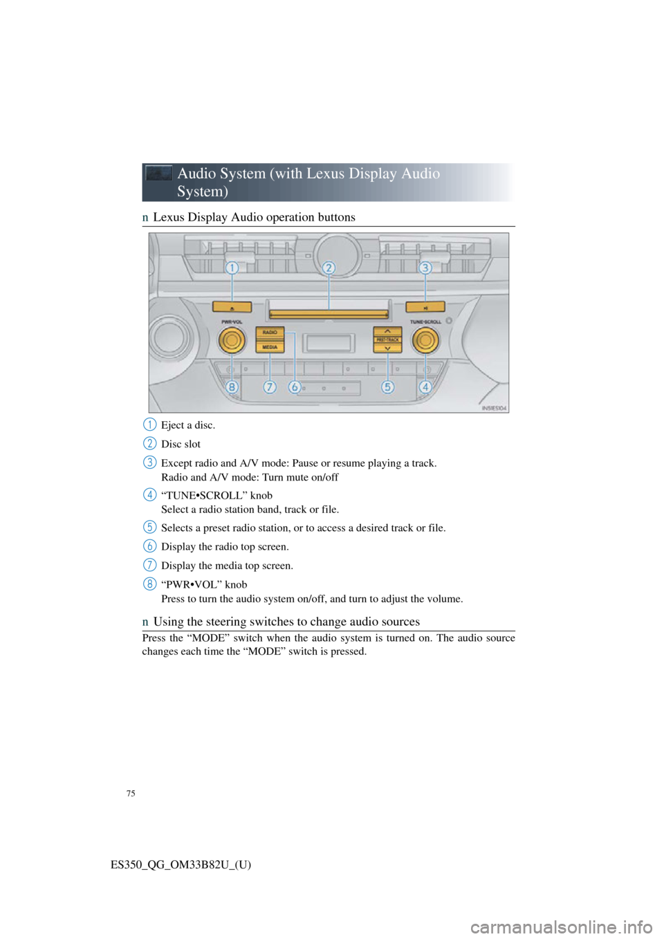 Lexus ES350 2016 Owners Mannuals / LEXUS 2016 ES350 QUICK GUIDE (OM33B82U) Manual PDF 75
ES350_QG_OM33B82U_(U)
Audio System (with Lexus Display Audio
System)
nLexus Display Audio operation buttons
Eject a disc.
Disc slot
Except radio and A/V mode: Pause or resume playing a track.
Radi Lexus ES350 2016 Owners Mannuals / LEXUS 2016 ES350 QUICK GUIDE (OM33B82U) Manual PDF 75
ES350_QG_OM33B82U_(U)
Audio System (with Lexus Display Audio
System)
nLexus Display Audio operation buttons
Eject a disc.
Disc slot
Except radio and A/V mode: Pause or resume playing a track.
Radi