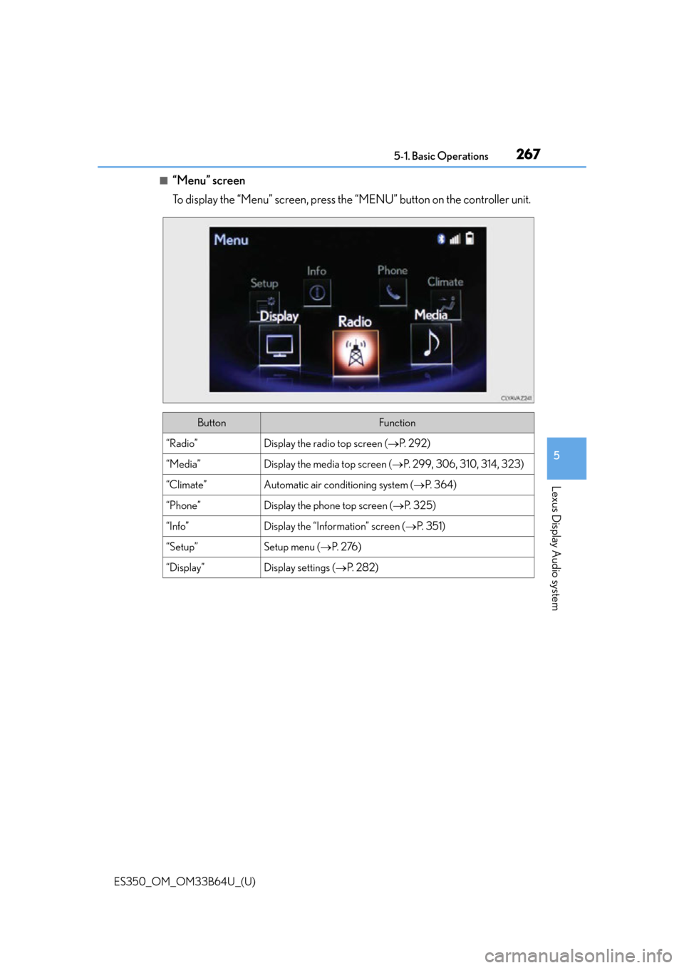 Lexus ES350 2016  Quick Guide / LEXUS 2016 ES350 OWNERS MANUAL (OM33B64U) ES350_OM_OM33B64U_(U)
2675-1. Basic Operations
5
Lexus Display Audio system
■“Menu” screen
To display the “Menu” screen, press the “MENU” button on the controller unit.
ButtonFunction
�