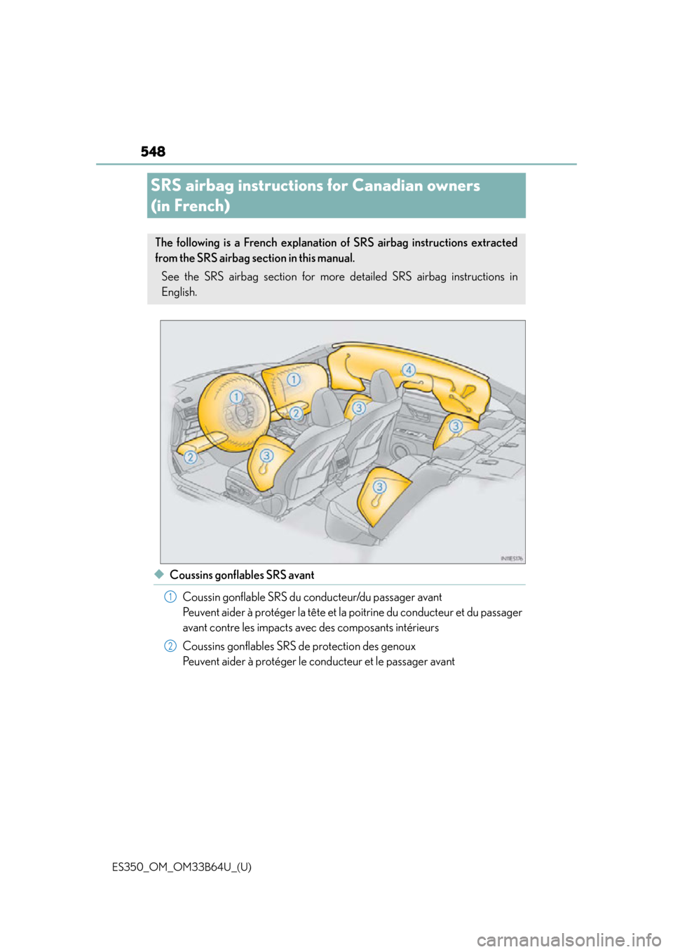 Lexus ES350 2016  Quick Guide / LEXUS 2016 ES350 OWNERS MANUAL (OM33B64U) 548
ES350_OM_OM33B64U_(U)
SRS airbag instructions for Canadian owners 
(in French)
◆Coussins gonflables SRS avantCoussin gonflable SRS du conducteur/du passager avant 
Peuvent aider à protéger la 