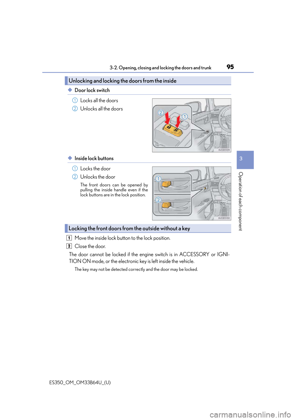 Lexus ES350 2016  Quick Guide / LEXUS 2016 ES350 OWNERS MANUAL (OM33B64U) ES350_OM_OM33B64U_(U)
953-2. Opening, closing and locking the doors and trunk
3
Operation of each component
◆Door lock switch
Locks all the doors
Unlocks all the doors
◆Inside lock buttonsLocks th