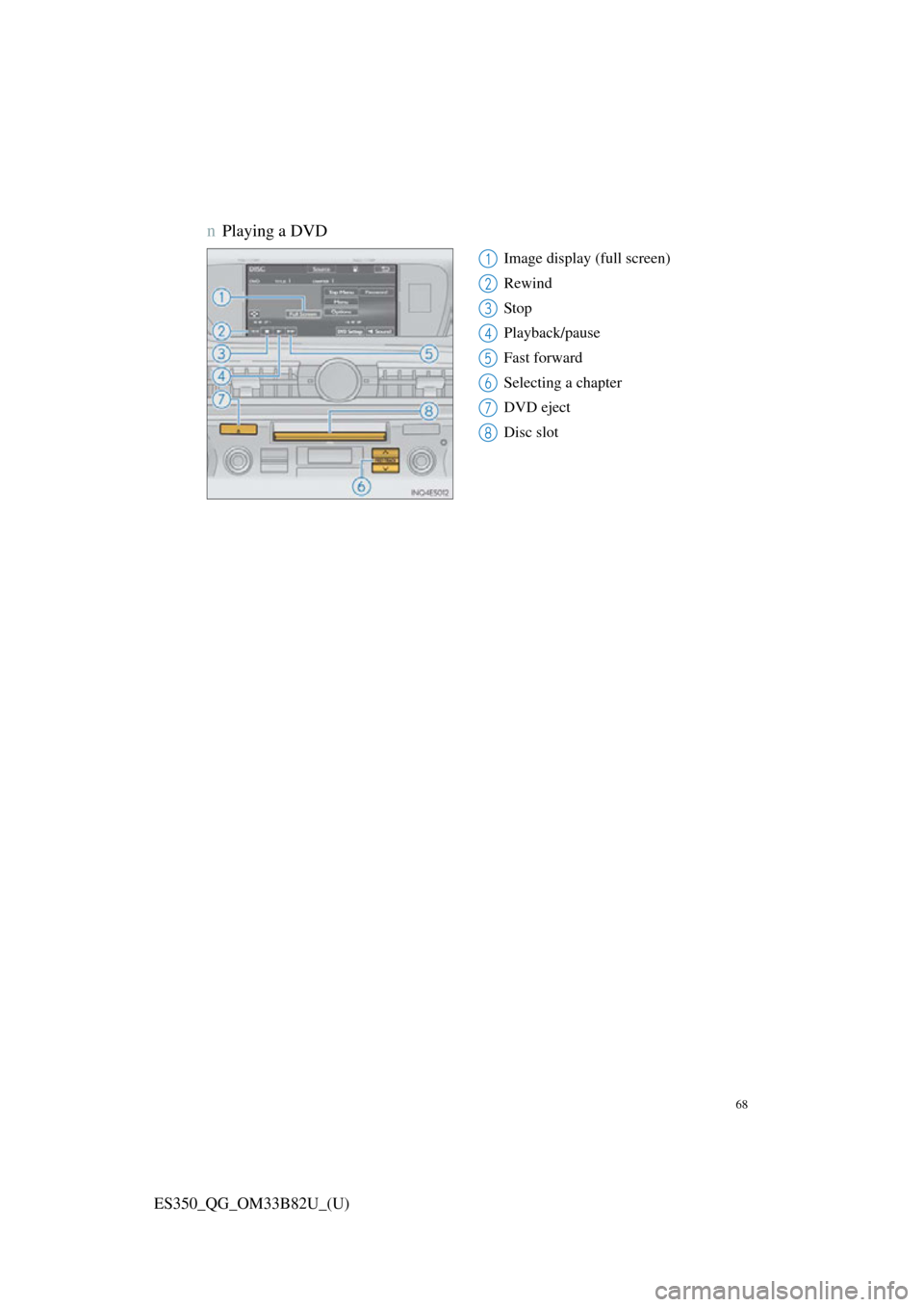 Lexus ES350 2016  Quick Guide / 68
ES350_QG_OM33B82U_(U)
nPlaying a DVD 
Image display (full screen)
Rewind
Stop
Playback/pause
Fast forward
Selecting a chapter
DVD eject
Disc slot1
2
3
4
5
6
7
8 