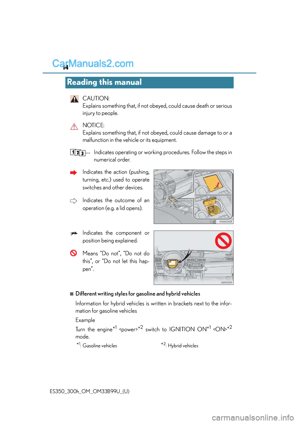 Lexus ES350 2015 User Guide 14
ES350_300h_OM_OM33B99U_(U)
Reading this manual
CAUTION: 
Explains something that, if not obeyed, could cause death or serious
injury to people.
NOTICE: 
Explains something that, if not obey ed, cou