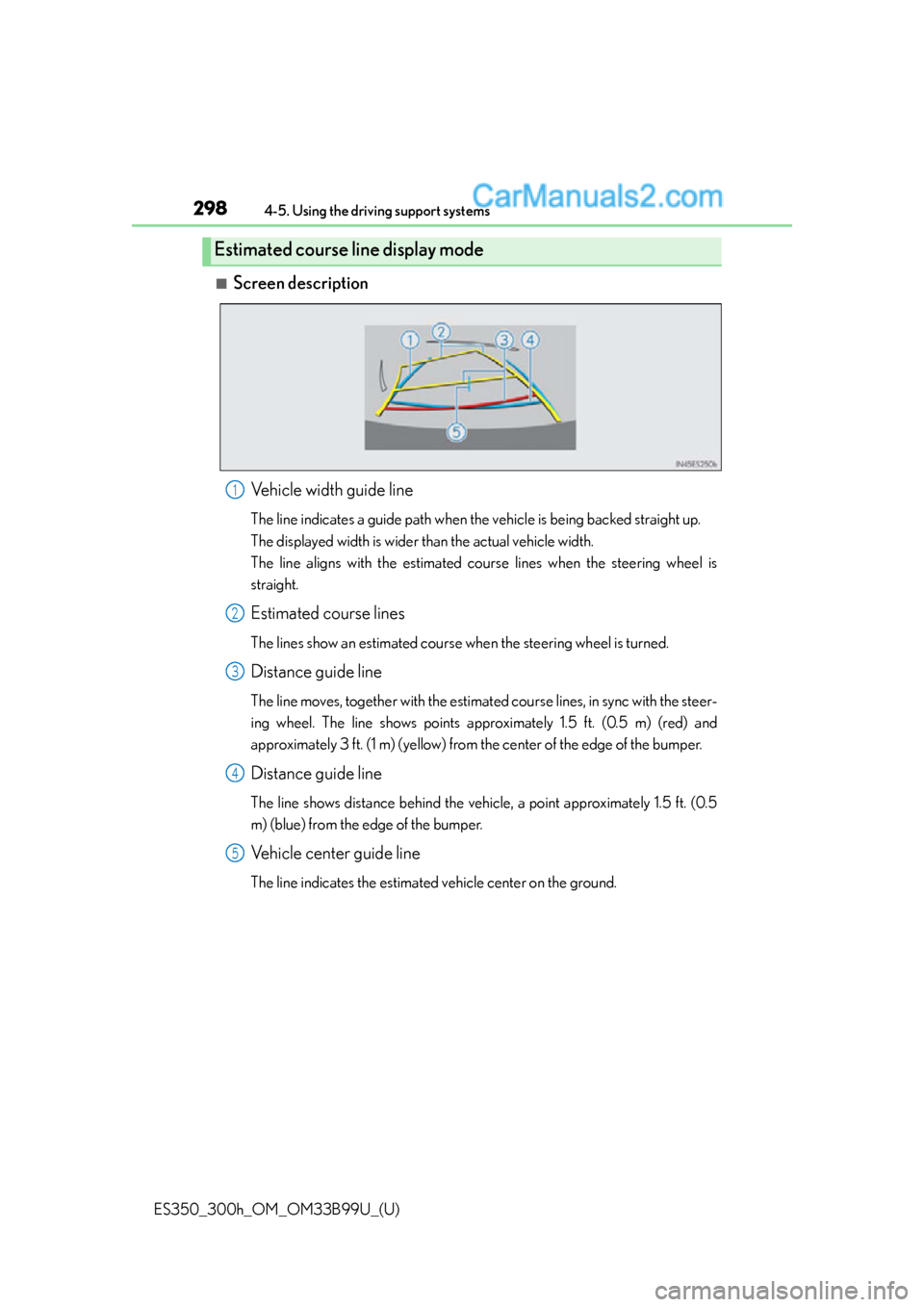 Lexus ES350 2015  Owners Manual 298
ES350_300h_OM_OM33B99U_(U)
4-5. Using the driving support systems
■Screen descriptionVehicle width guide line
The line indicates a guide path when th e vehicle is being backed straight up.
The d