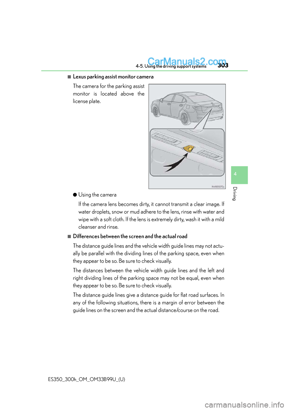 Lexus ES350 2015  Owners Manual ES350_300h_OM_OM33B99U_(U)
3034-5. Using the driving support systems
4
Driving
■Lexus parking assist monitor camera
The camera for the parking assist
monitor is located above the
license plate.
●U