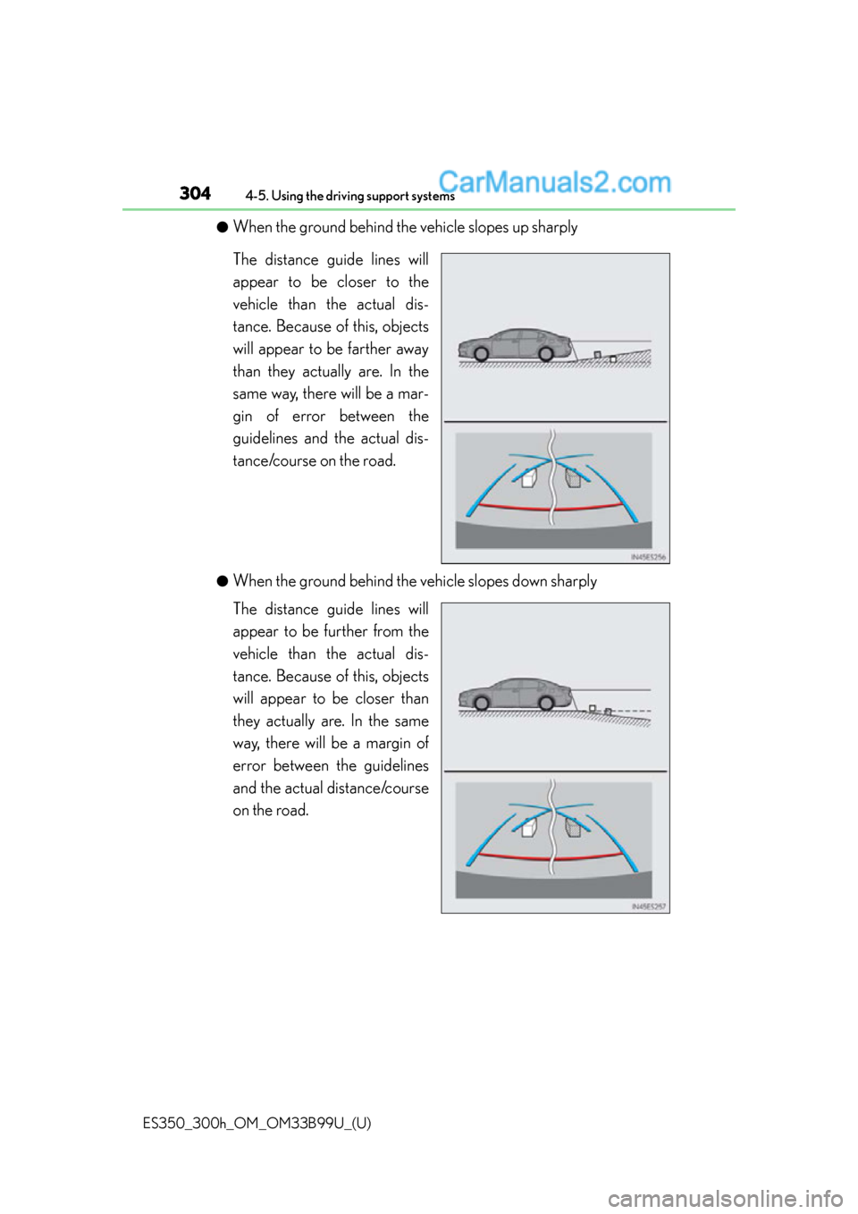 Lexus ES350 2015  Owners Manual 304
ES350_300h_OM_OM33B99U_(U)
4-5. Using the driving support systems
●When the ground behind the vehicle slopes up sharply
The distance guide lines will
appear to be closer to the
vehicle than the 