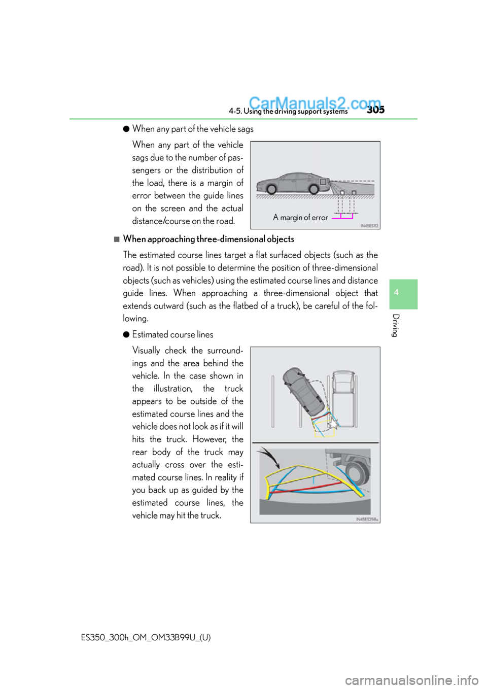 Lexus ES350 2015  Owners Manual ES350_300h_OM_OM33B99U_(U)
3054-5. Using the driving support systems
4
Driving
●When any part of the vehicle sags
When any part of the vehicle
sags due to the number of pas-
sengers or the distribut