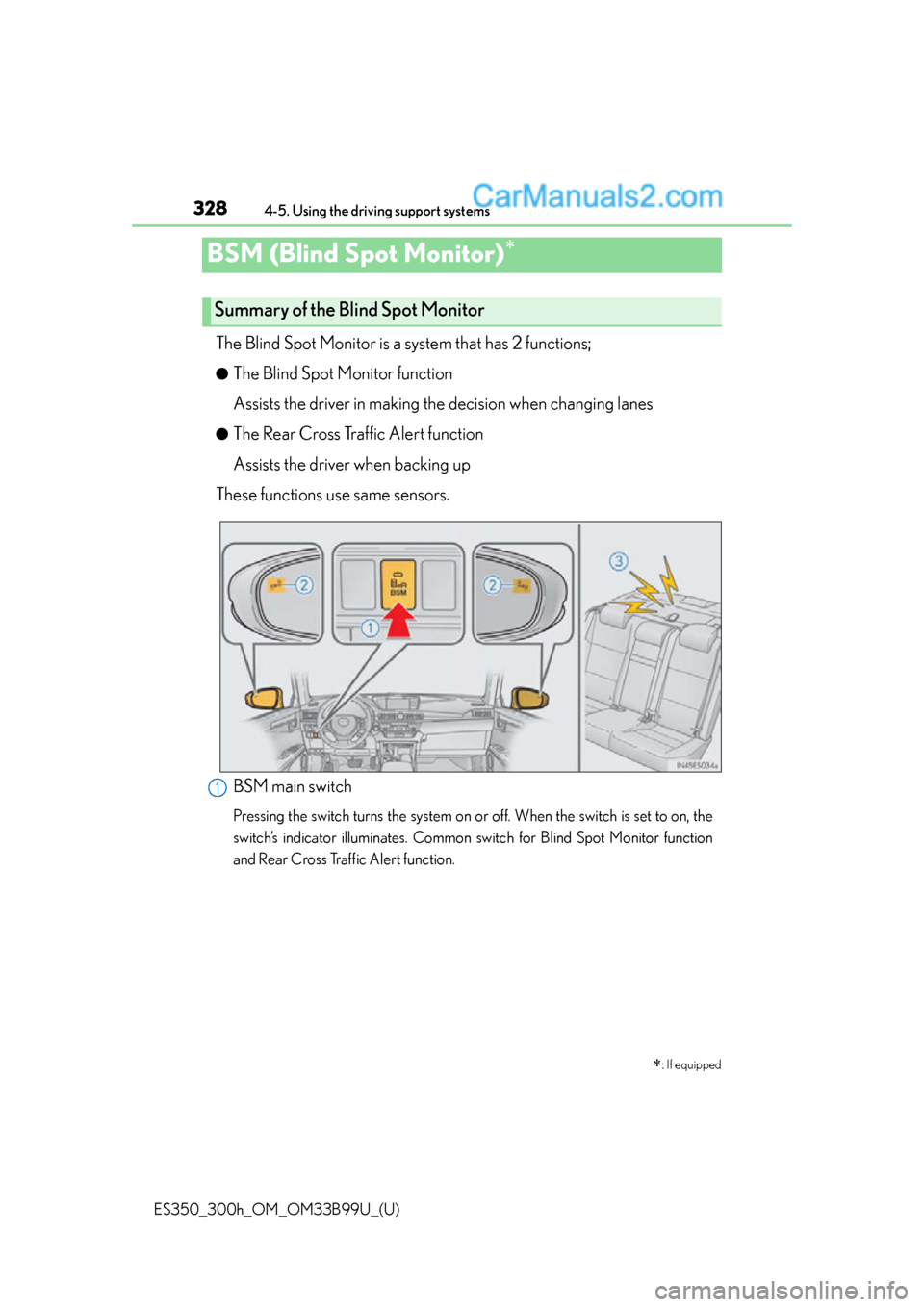 Lexus ES350 2015  Owners Manual 328
ES350_300h_OM_OM33B99U_(U)
4-5. Using the driving support systems
BSM (Blind Spot Monitor)
The Blind Spot Monitor is a system that has 2 functions;
●The Blind Spot Monitor function
Assists th