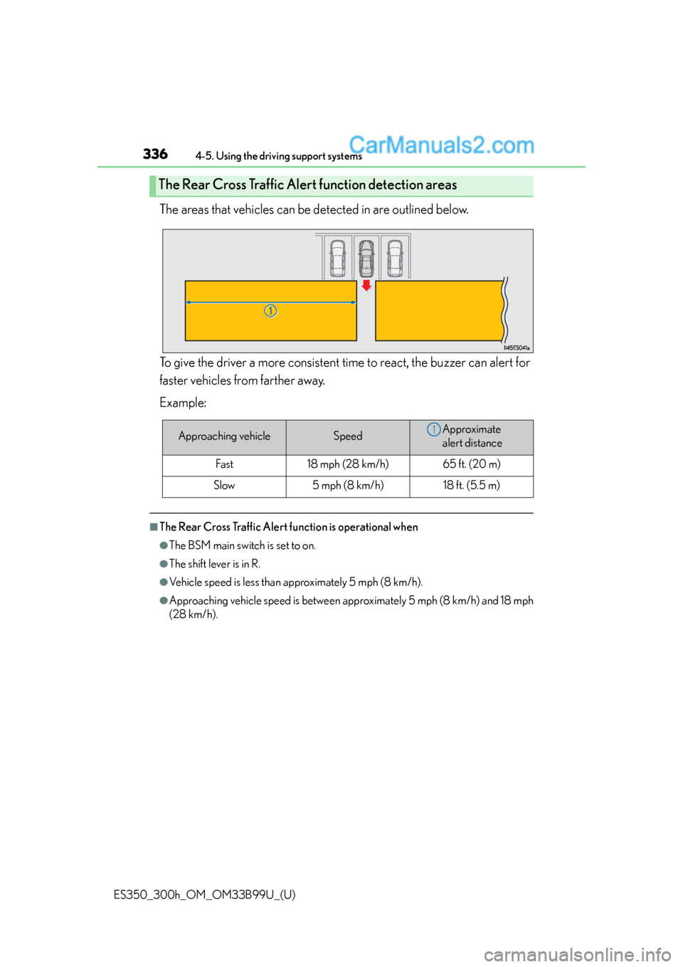 Lexus ES350 2015  Owners Manual 336
ES350_300h_OM_OM33B99U_(U)
4-5. Using the driving support systems
The areas that vehicles can be detected in are outlined below.
To give the driver a more consistent time to react, the buzzer can 
