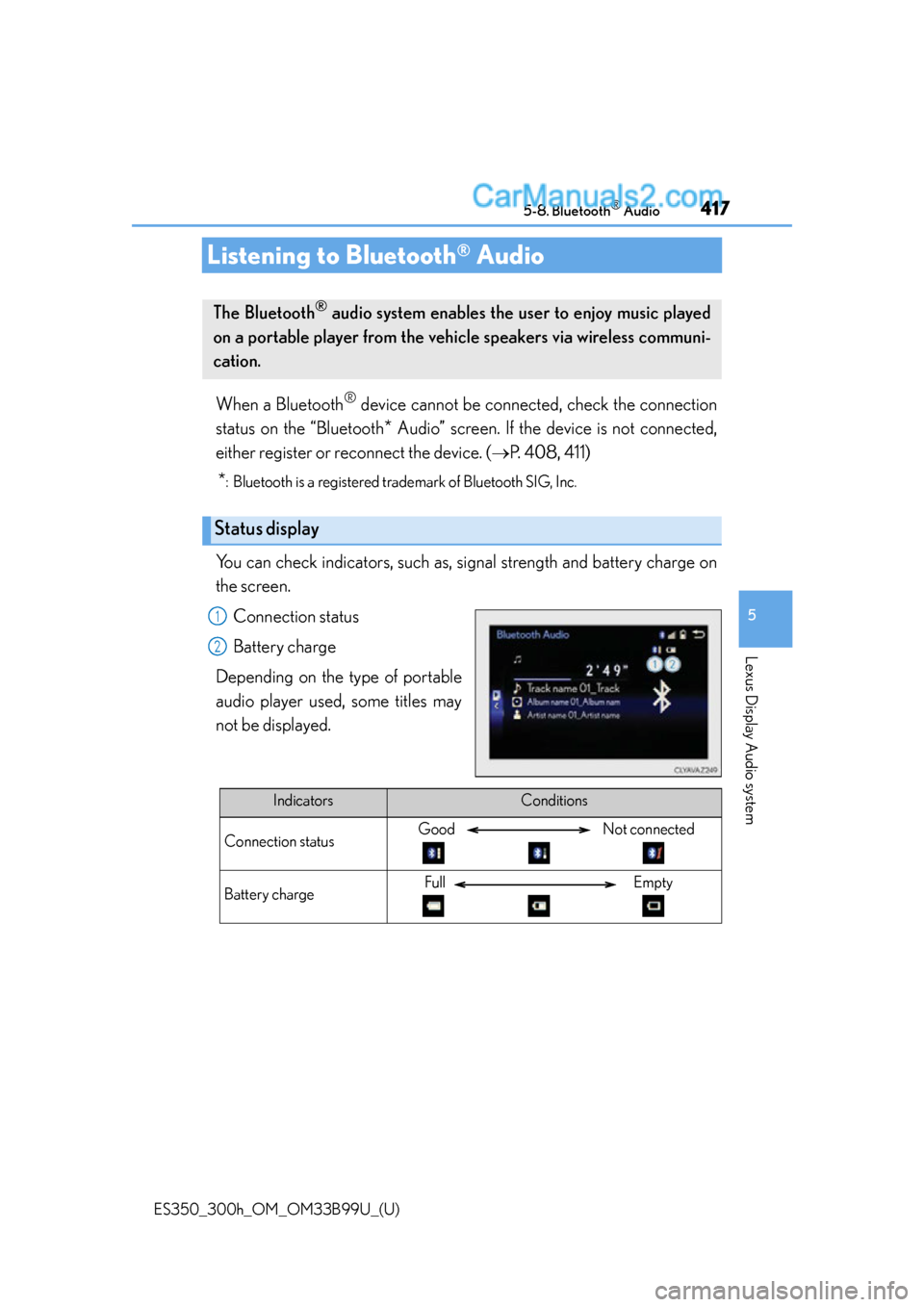 Lexus ES350 2015  Owners Manual 417
ES350_300h_OM_OM33B99U_(U)
5-8. Bluetooth® Audio
5
Lexus Display Audio system
Listening to Bluetooth® Audio
When a Bluetooth® device cannot be connected, check the connection
status on the “B