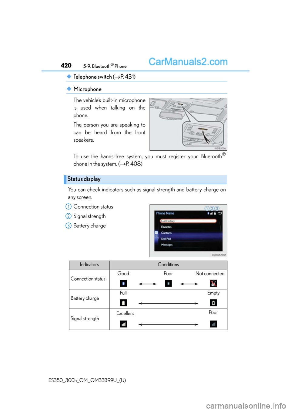 Lexus ES350 2015  Owners Manual 4205-9. Bluetooth® Phone
ES350_300h_OM_OM33B99U_(U)
◆Telephone switch (P. 431)
◆Microphone
The vehicle’s built-in microphone
is used when talking on the
phone.
The person you are speaking to