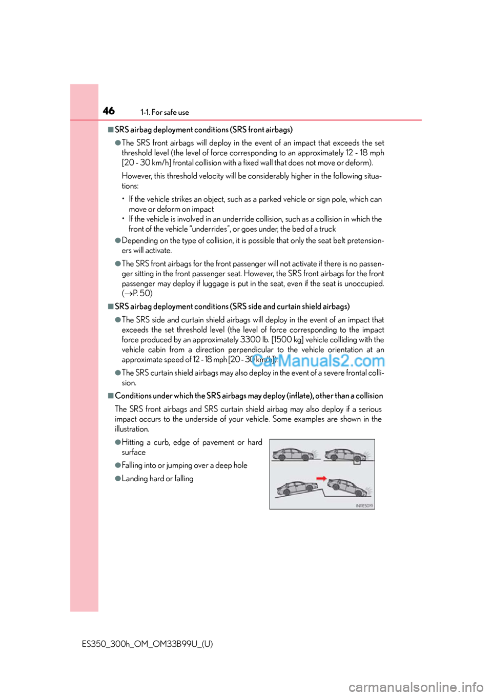 Lexus ES350 2015  Owners Manual 461-1. For safe use
ES350_300h_OM_OM33B99U_(U)
■SRS airbag deployment conditions (SRS front airbags)
●The SRS front airbags will deploy in the event of an impact that exceeds the set
threshold lev