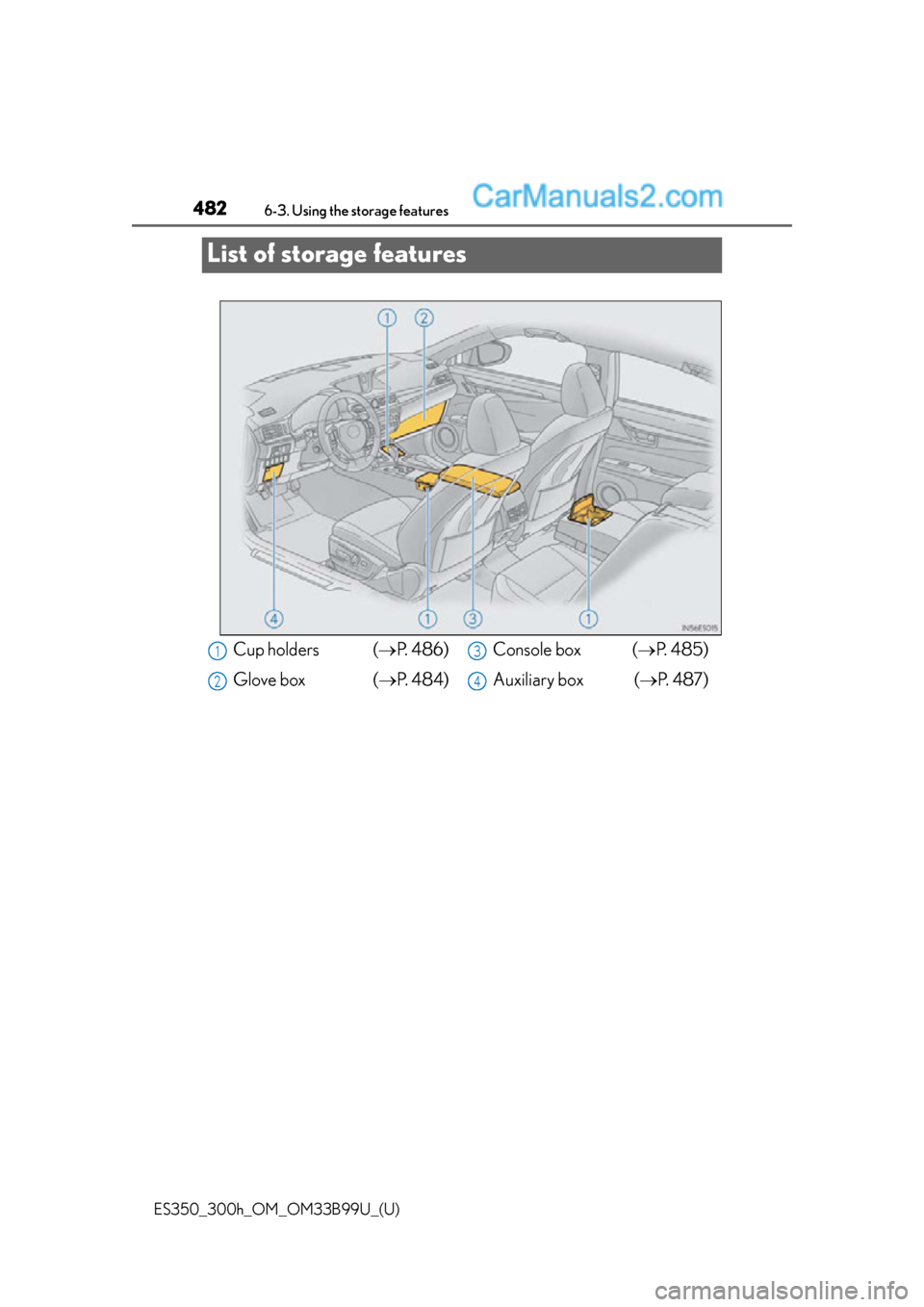 Lexus ES350 2015  Owners Manual 482
ES350_300h_OM_OM33B99U_(U)
6-3. Using the storage features
List of storage features
Cup holders  (P.  4 8 6 )
Glove box  ( P.  4 8 4 )Console box  (
P. 485)
Auxiliary box ( P.  4 8 7 )