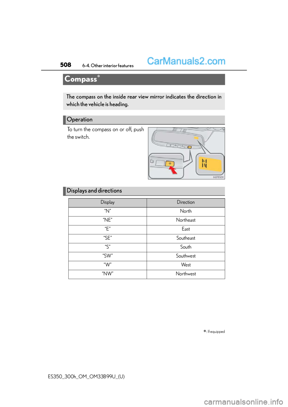 Lexus ES350 2015  Owners Manual 508
ES350_300h_OM_OM33B99U_(U)
6-4. Other interior features
Compass
To turn the compass on or off, push
the switch.
: If equipped
The compass on the inside rear view mirror indicates the directi