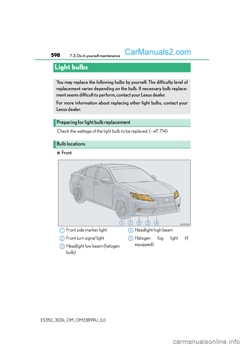 Lexus ES350 2015 Owners Manual 598
ES350_300h_OM_OM33B99U_(U)
7-3. Do-it-yourself maintenance
Light bulbs
Check the wattage of the light bulb to be replaced. (P. 714)
■Front
You may replace the following bulbs by yourself. The Lexus ES350 2015 Owners Manual 598
ES350_300h_OM_OM33B99U_(U)
7-3. Do-it-yourself maintenance
Light bulbs
Check the wattage of the light bulb to be replaced. (P. 714)
■Front
You may replace the following bulbs by yourself. The