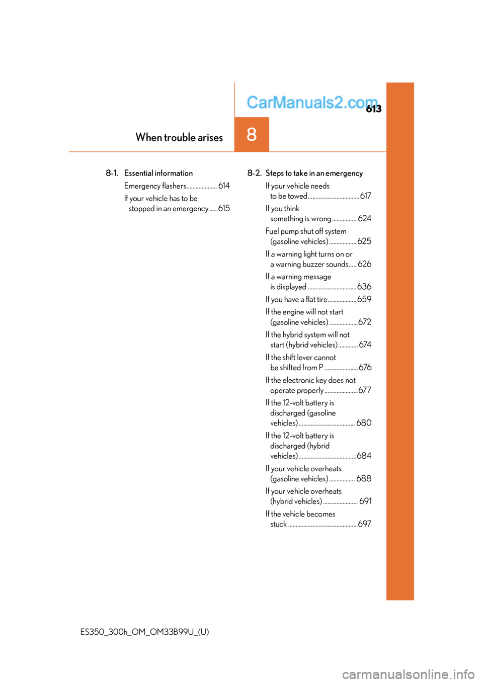 Lexus ES350 2015  Owners Manual 613
ES350_300h_OM_OM33B99U_(U)
8When trouble arises
8-1. Essential informationEmergency flashers.................... 614
If your vehicle has to be stopped in an emergency ..... 615 8-2. Steps to take 
