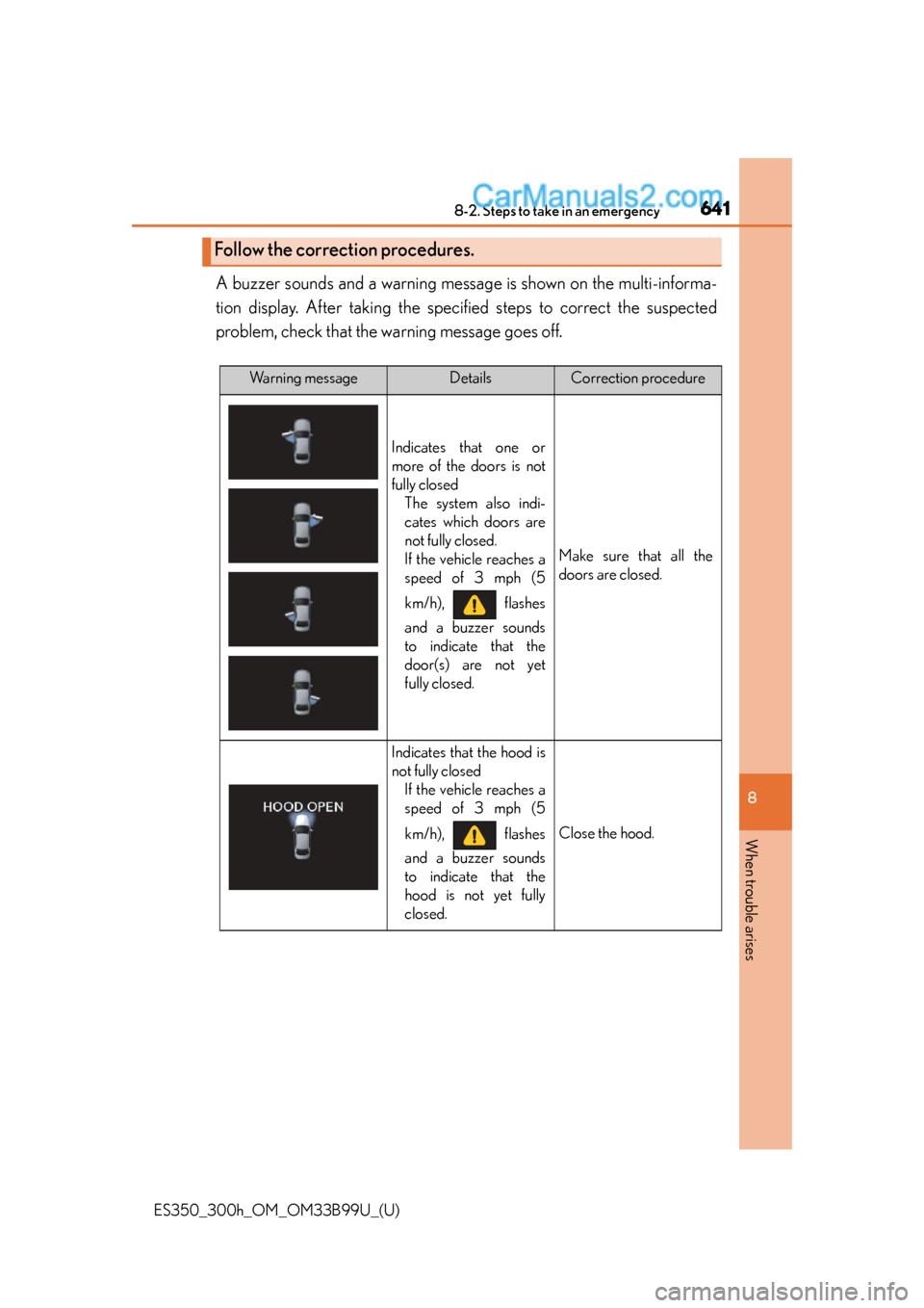 Lexus ES350 2015  Owners Manual 6418-2. Steps to take in an emergency
ES350_300h_OM_OM33B99U_(U)
8
When trouble arises
A buzzer sounds and a warning message is shown on the multi-informa-
tion display. After taking the spec ified st