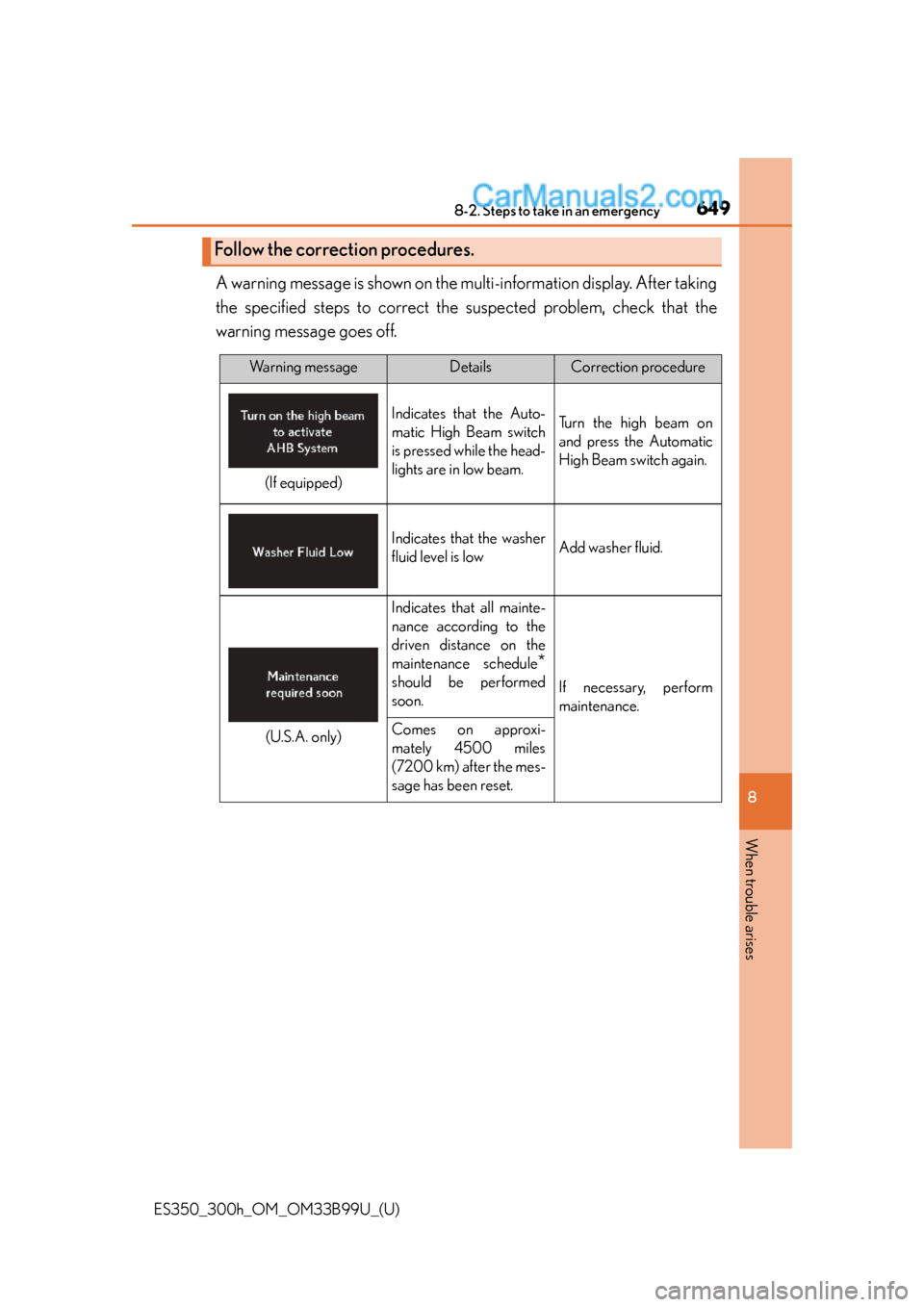 Lexus ES350 2015  Owners Manual 6498-2. Steps to take in an emergency
ES350_300h_OM_OM33B99U_(U)
8
When trouble arises
A warning message is shown on the multi-information display. After taking
the specified steps to correct the  sus