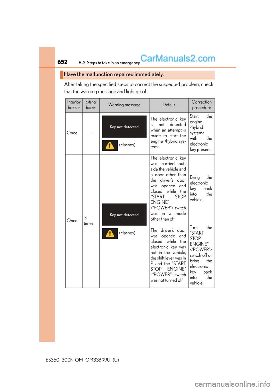 Lexus ES350 2015  Owners Manual 6528-2. Steps to take in an emergency
ES350_300h_OM_OM33B99U_(U)
After taking the specified steps to correct the suspected problem, check
that the warning message and light go off.
Have the malfunctio