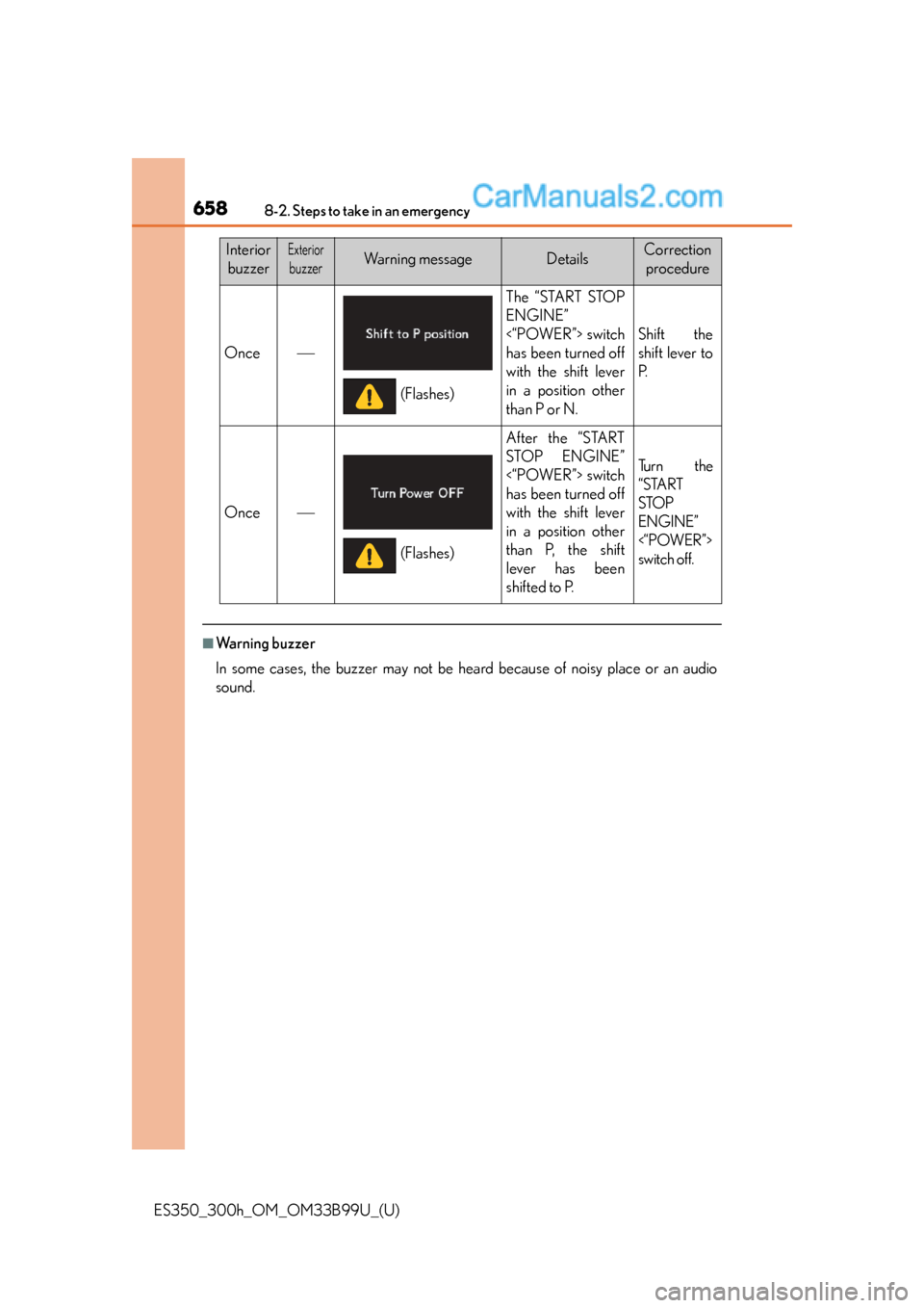 Lexus ES350 2015  Owners Manual 6588-2. Steps to take in an emergency
ES350_300h_OM_OM33B99U_(U)
■Warning buzzer
In some cases, the buzzer may not be heard because of noisy place or an audio
sound.
Once
The “START STOP
ENGINE