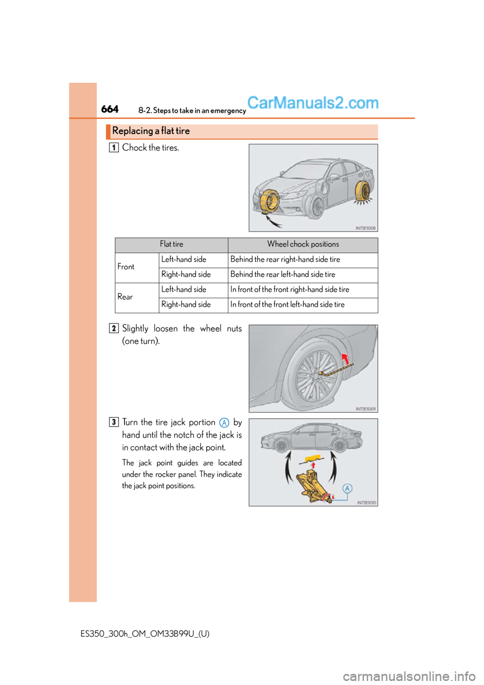 Lexus ES350 2015 Owners Manual 6648-2. Steps to take in an emergency
ES350_300h_OM_OM33B99U_(U)
Chock the tires.
Slightly loosen the wheel nuts
(one turn).
Turn the tire jack portion by
hand until the notch of the jack is
in cont Lexus ES350 2015 Owners Manual 6648-2. Steps to take in an emergency
ES350_300h_OM_OM33B99U_(U)
Chock the tires.
Slightly loosen the wheel nuts
(one turn).
Turn the tire jack portion by
hand until the notch of the jack is
in cont