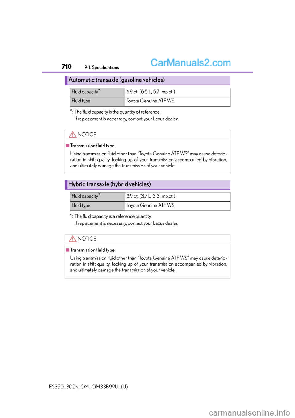 Lexus ES350 2015  Owners Manual 710
ES350_300h_OM_OM33B99U_(U)
9-1. Specifications
*: The fluid capacity is the quantity of reference.If replacement is necessary, contact your Lexus dealer.
*: The fluid capacity is a reference quant