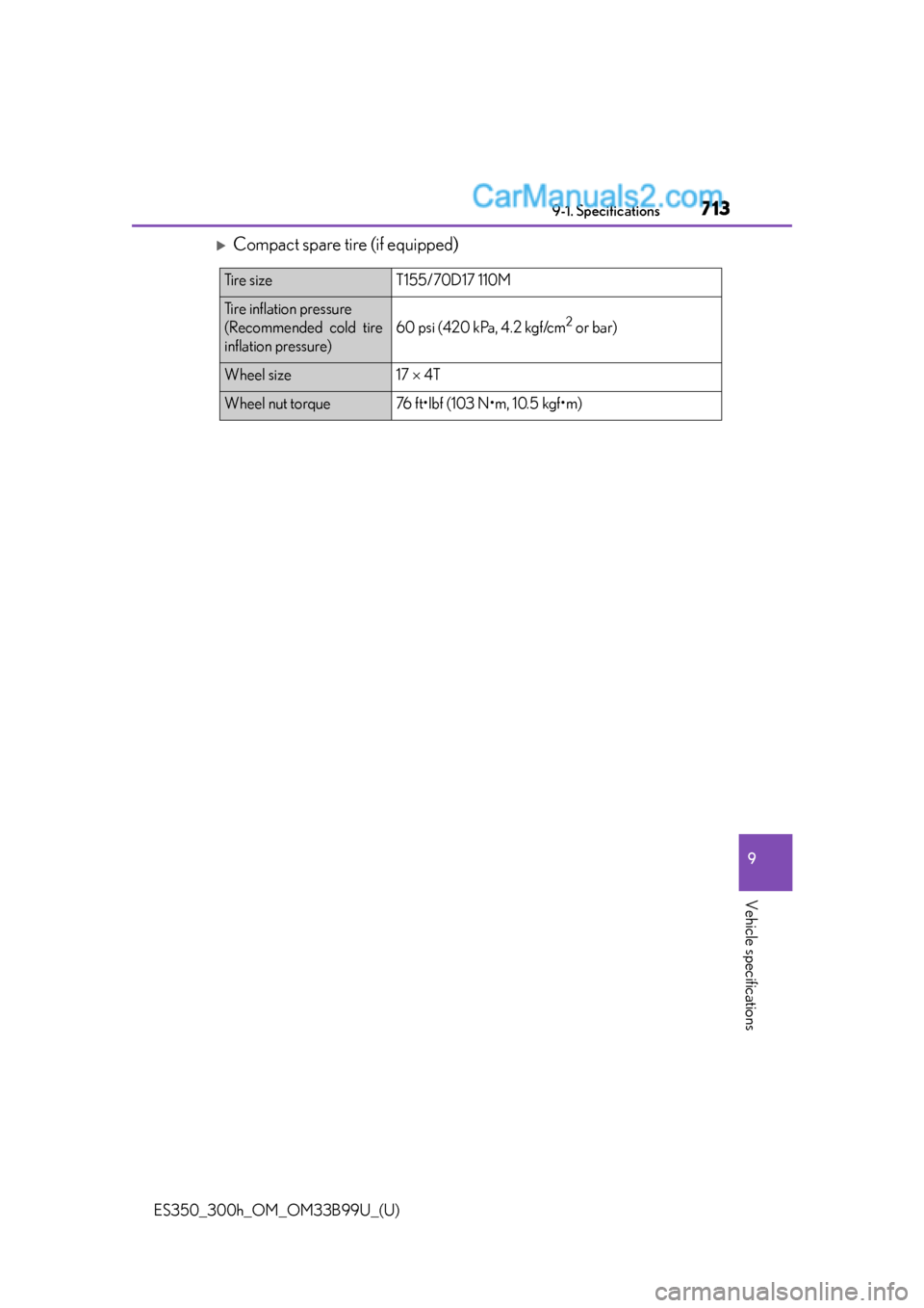 Lexus ES350 2015  Owners Manual ES350_300h_OM_OM33B99U_(U)
7139-1. Specifications
9
Vehicle specifications
Compact spare tire (if equipped)
Ti r e  s i z eT155/70D17 110M
Tire inflation pressure
(Recommended cold tire
inflation p