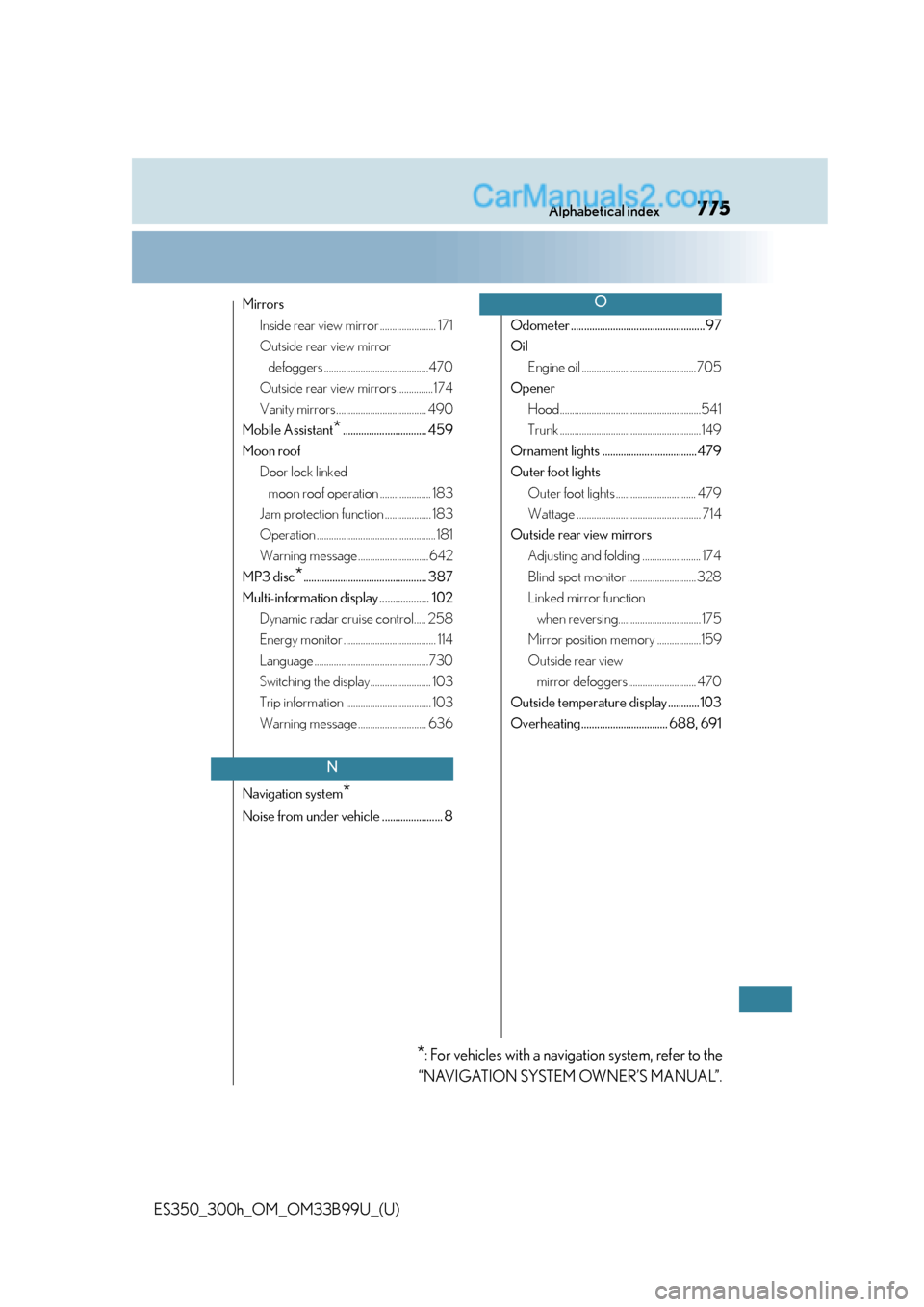 Lexus ES350 2015  Owners Manual 775Alphabetical index
ES350_300h_OM_OM33B99U_(U)
MirrorsInside rear view mirror ....................... 171
Outside rear view mirror defoggers ...........................................470
Outside re