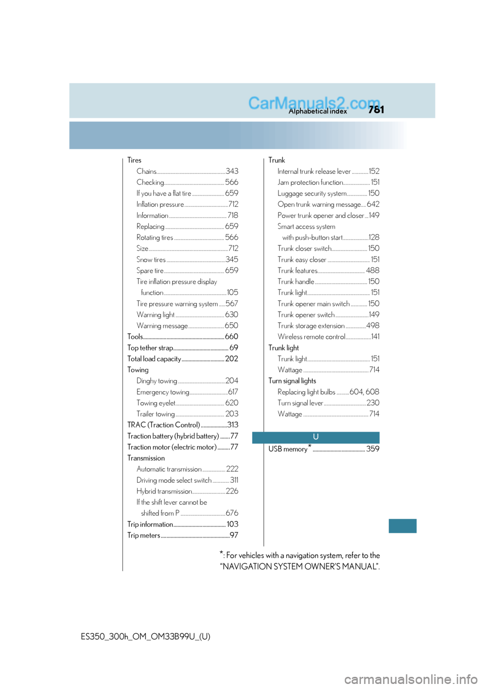 Lexus ES350 2015  Owners Manual 781Alphabetical index
ES350_300h_OM_OM33B99U_(U)
TiresChains......................................................343
Checking............................................... 566
If you have a flat tir