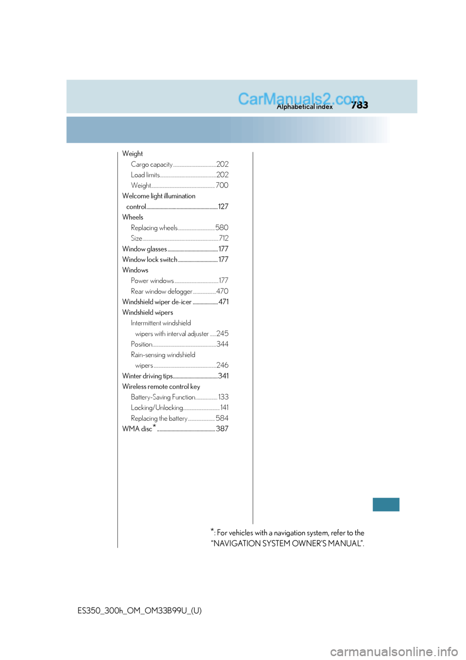 Lexus ES350 2015  Owners Manual 783Alphabetical index
ES350_300h_OM_OM33B99U_(U)
WeightCargo capacity ...................................202
Load limits..............................................202
Weight........................