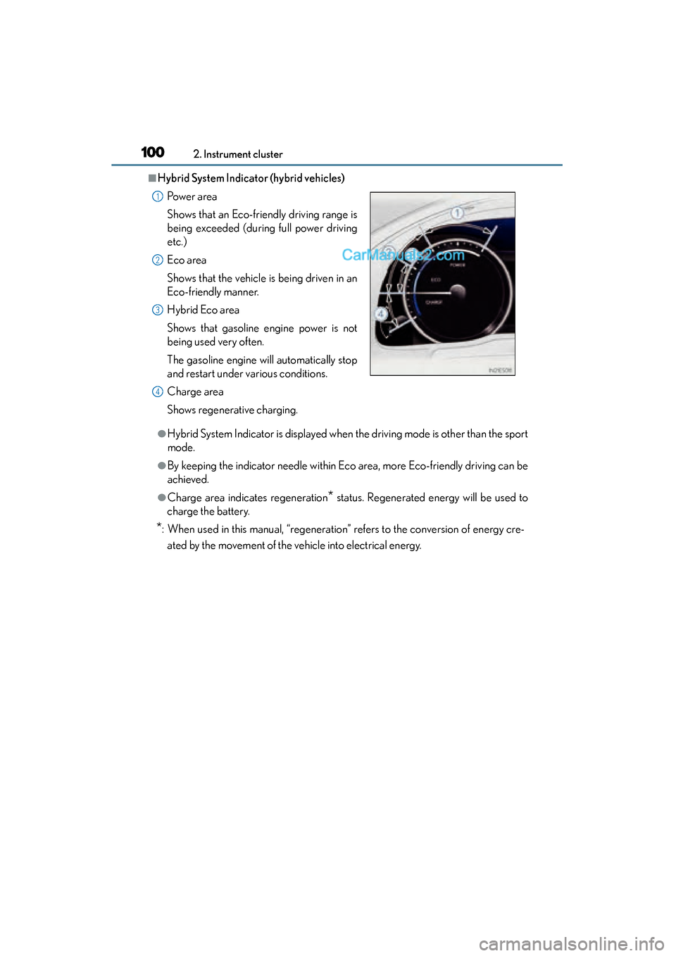 Lexus ES350 2015   - ES 300h, ES 350 User Guide 100
ES350_300h_OM_OM33B99U_(U)
2. Instrument cluster
■Hybrid System Indicator (hybrid vehicles)
●Hybrid System Indicator is displayed when the driving mode is other than the sport
mode.
●By keep