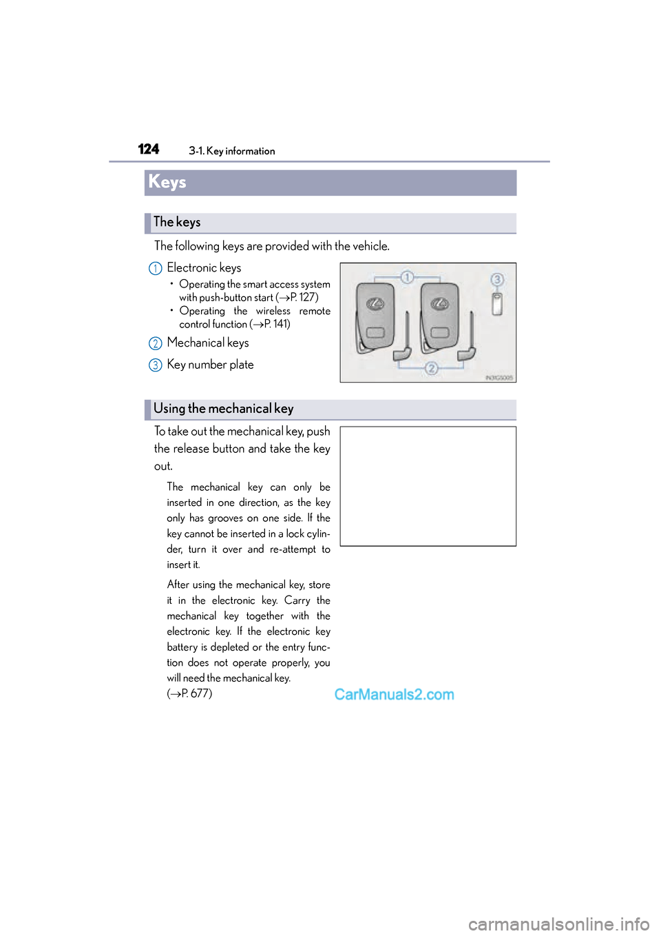 Lexus ES350 2015   - ES 300h, ES 350 User Guide 124
ES350_300h_OM_OM33B99U_(U)
3-1. Key information
Keys
The following keys are provided with the vehicle.Electronic keys
• Operating the smart access systemwith push-button start ( →P.  1 2 7 )
�