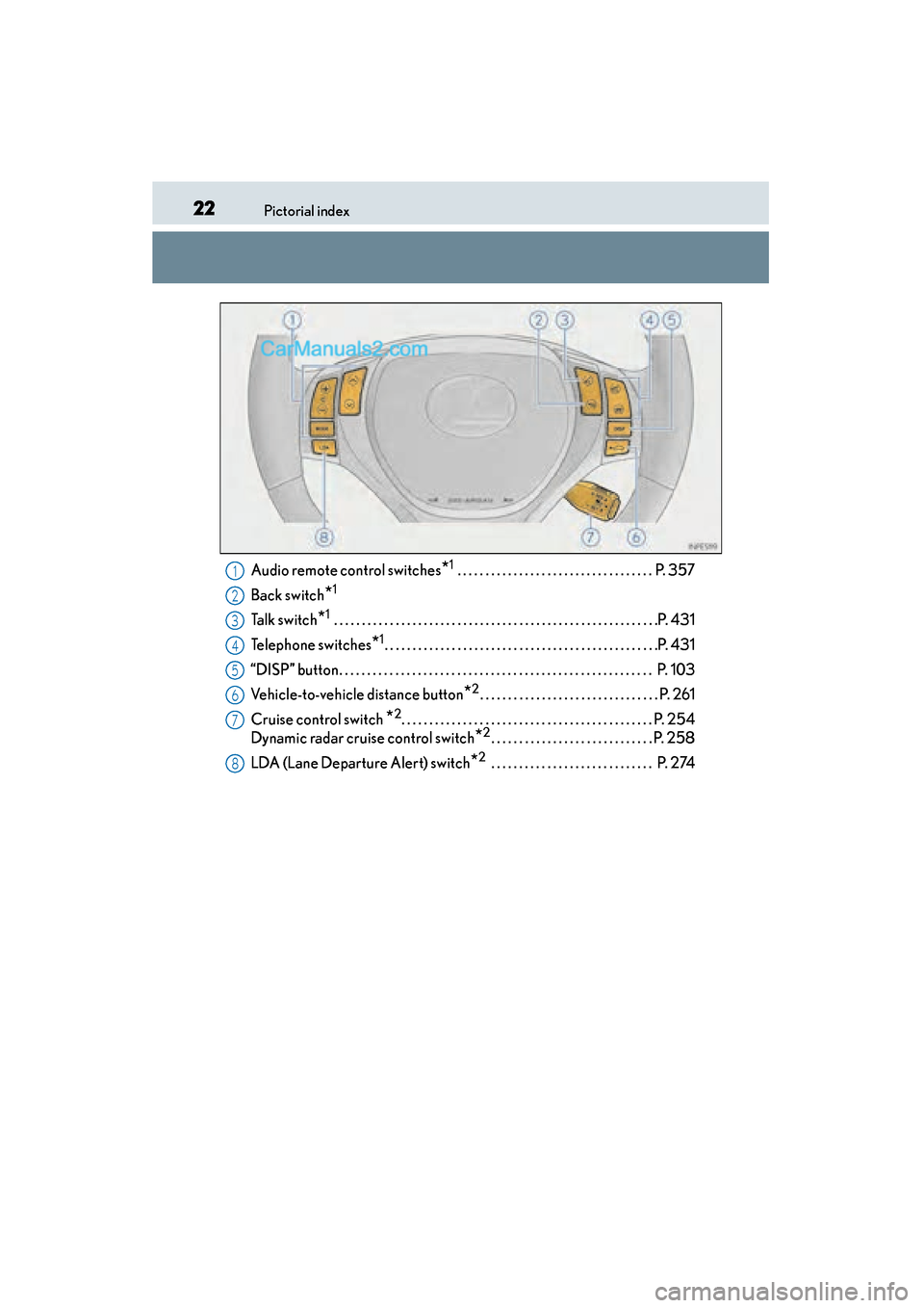Lexus ES350 2015 - ES 300h, ES 350 Owners Guide 22Pictorial index
ES350_300h_OM_OM33B99U_(U)Audio remote control switches
*1 . . . . . . . . . . . . . . . . . . . . . . . . . . . . . . . . . . . P. 357
Back switch
*1
Talk switch*1 . . . . . . . . Lexus ES350 2015 - ES 300h, ES 350 Owners Guide 22Pictorial index
ES350_300h_OM_OM33B99U_(U)Audio remote control switches
*1 . . . . . . . . . . . . . . . . . . . . . . . . . . . . . . . . . . . P. 357
Back switch
*1
Talk switch*1 . . . . . . . .