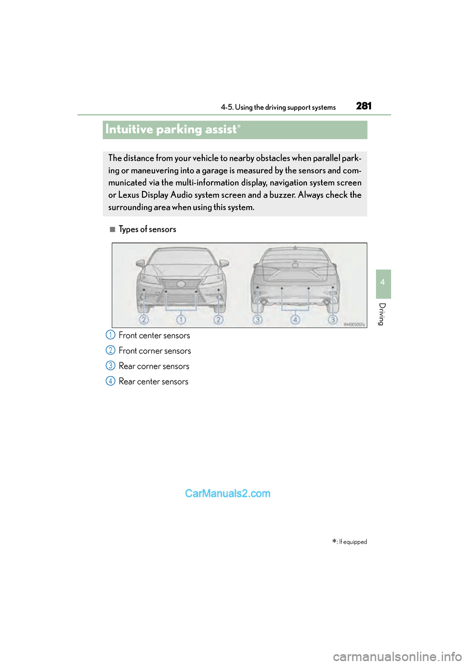 Lexus ES350 2015  Owners Manual - ES 300h, ES 350 281
ES350_300h_OM_OM33B99U_(U)
4-5. Using the driving support systems
4
Driving
Intuitive parking assist∗
■Types of sensors∗
: If equipped
The distance from your vehicle to nearby obstacles when