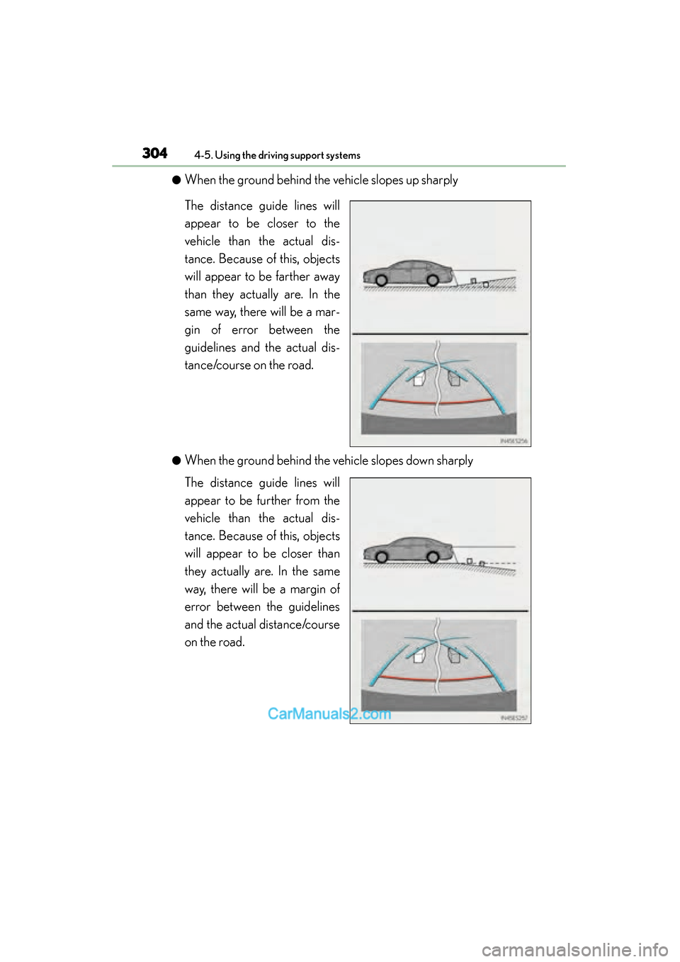 Lexus ES350 2015 Owners Manual - ES 300h, ES 350 304
ES350_300h_OM_OM33B99U_(U)
4-5. Using the driving support systems
●When the ground behind the vehicle slopes up sharply
The distance guide lines will
appear to be closer to the
vehicle than the Lexus ES350 2015 Owners Manual - ES 300h, ES 350 304
ES350_300h_OM_OM33B99U_(U)
4-5. Using the driving support systems
●When the ground behind the vehicle slopes up sharply
The distance guide lines will
appear to be closer to the
vehicle than the
