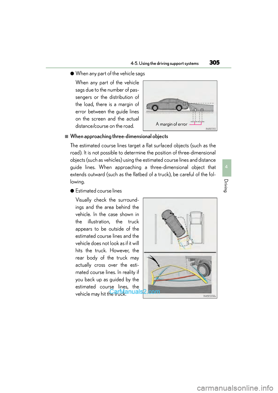 Lexus ES350 2015 Owners Manual - ES 300h, ES 350 ES350_300h_OM_OM33B99U_(U)
3054-5. Using the driving support systems
4
Driving
●When any part of the vehicle sags
When any part of the vehicle
sags due to the number of pas-
sengers or the distribut Lexus ES350 2015 Owners Manual - ES 300h, ES 350 ES350_300h_OM_OM33B99U_(U)
3054-5. Using the driving support systems
4
Driving
●When any part of the vehicle sags
When any part of the vehicle
sags due to the number of pas-
sengers or the distribut