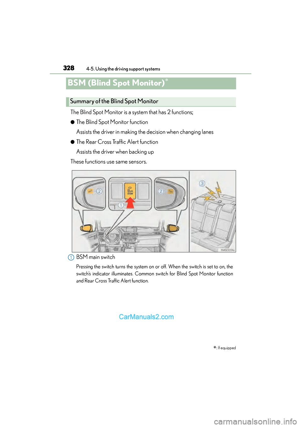 Lexus ES350 2015 Owners Manual - ES 300h, ES 350 328
ES350_300h_OM_OM33B99U_(U)
4-5. Using the driving support systems
BSM (Blind Spot Monitor)∗
The Blind Spot Monitor is a system that has 2 functions;
●The Blind Spot Monitor function
Assists th Lexus ES350 2015 Owners Manual - ES 300h, ES 350 328
ES350_300h_OM_OM33B99U_(U)
4-5. Using the driving support systems
BSM (Blind Spot Monitor)∗
The Blind Spot Monitor is a system that has 2 functions;
●The Blind Spot Monitor function
Assists th