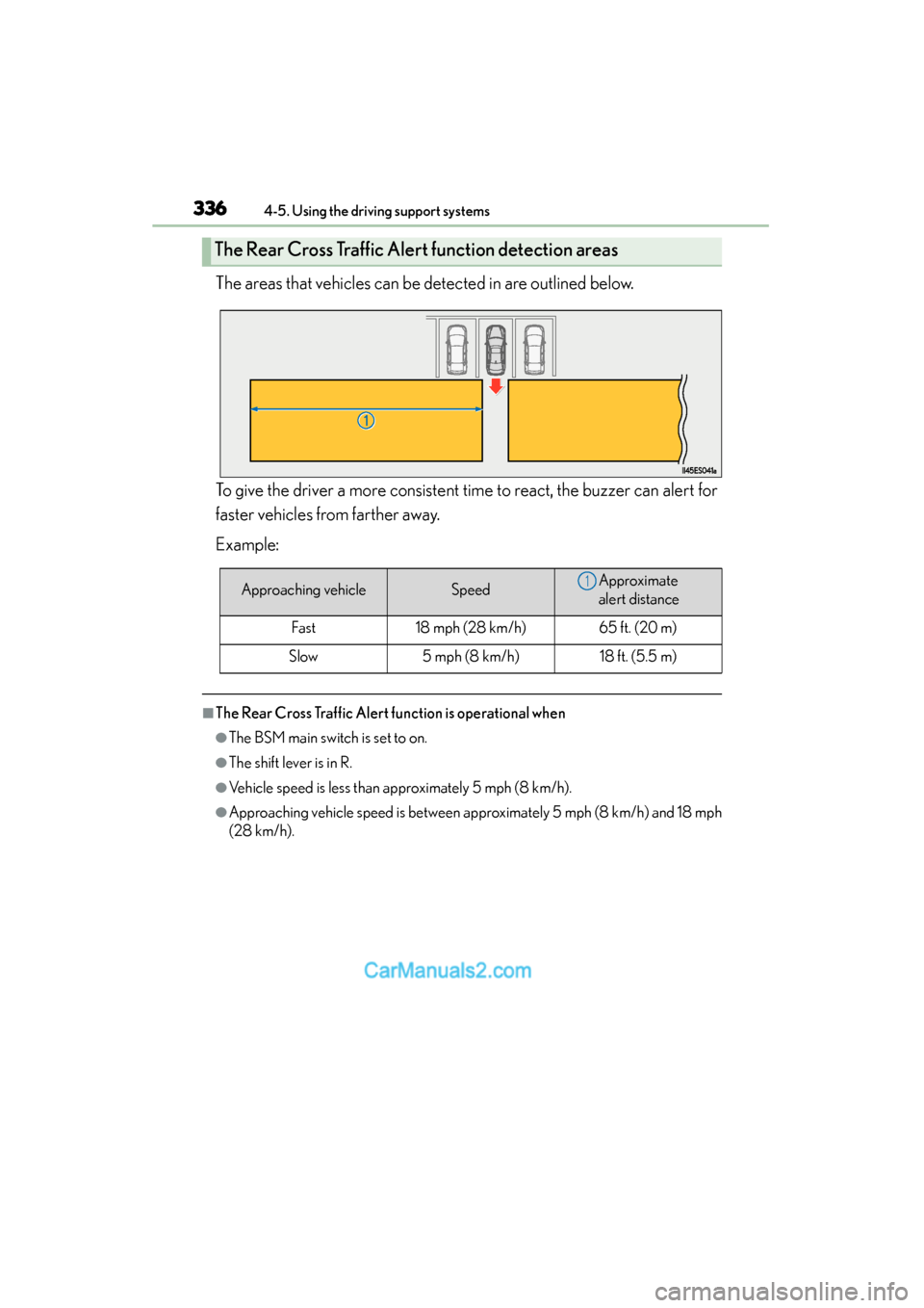 Lexus ES350 2015 Owners Manual - ES 300h, ES 350 336
ES350_300h_OM_OM33B99U_(U)
4-5. Using the driving support systems
The areas that vehicles can be detected in are outlined below.
To give the driver a more consistent time to react, the buzzer can Lexus ES350 2015 Owners Manual - ES 300h, ES 350 336
ES350_300h_OM_OM33B99U_(U)
4-5. Using the driving support systems
The areas that vehicles can be detected in are outlined below.
To give the driver a more consistent time to react, the buzzer can